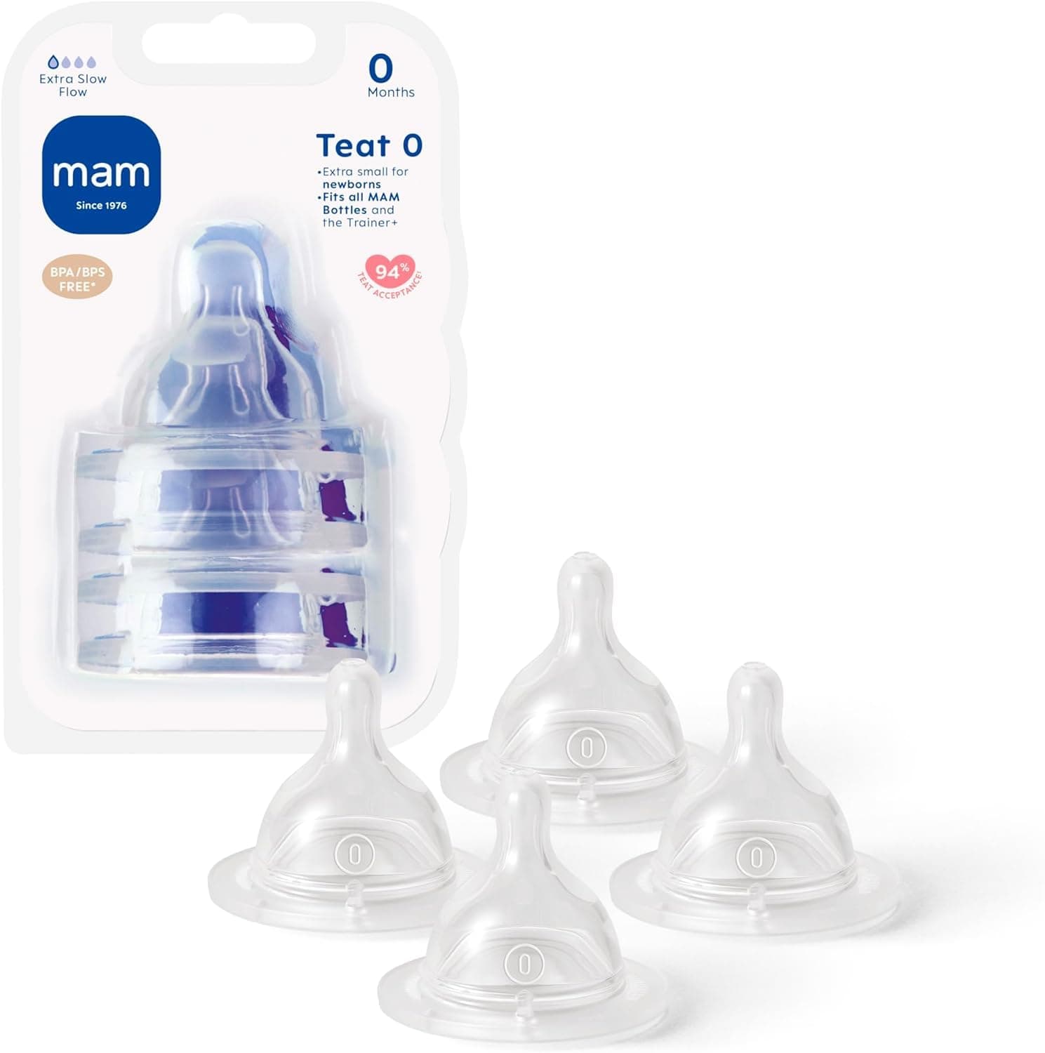 MAM Teats Size 0 | 4 Pack | Extra-Slow Flow | Fits All MAM Bottles | Made from SkinSoft Silicone | Baby Accessories for Newborn