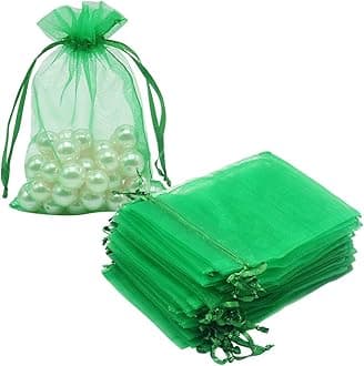 HRX Package 100pcs Organza Drawstring Bags Green, 4 x 6 inch Candy Mesh Gift Bags Jewelry Pouches Small Christmas Sachet