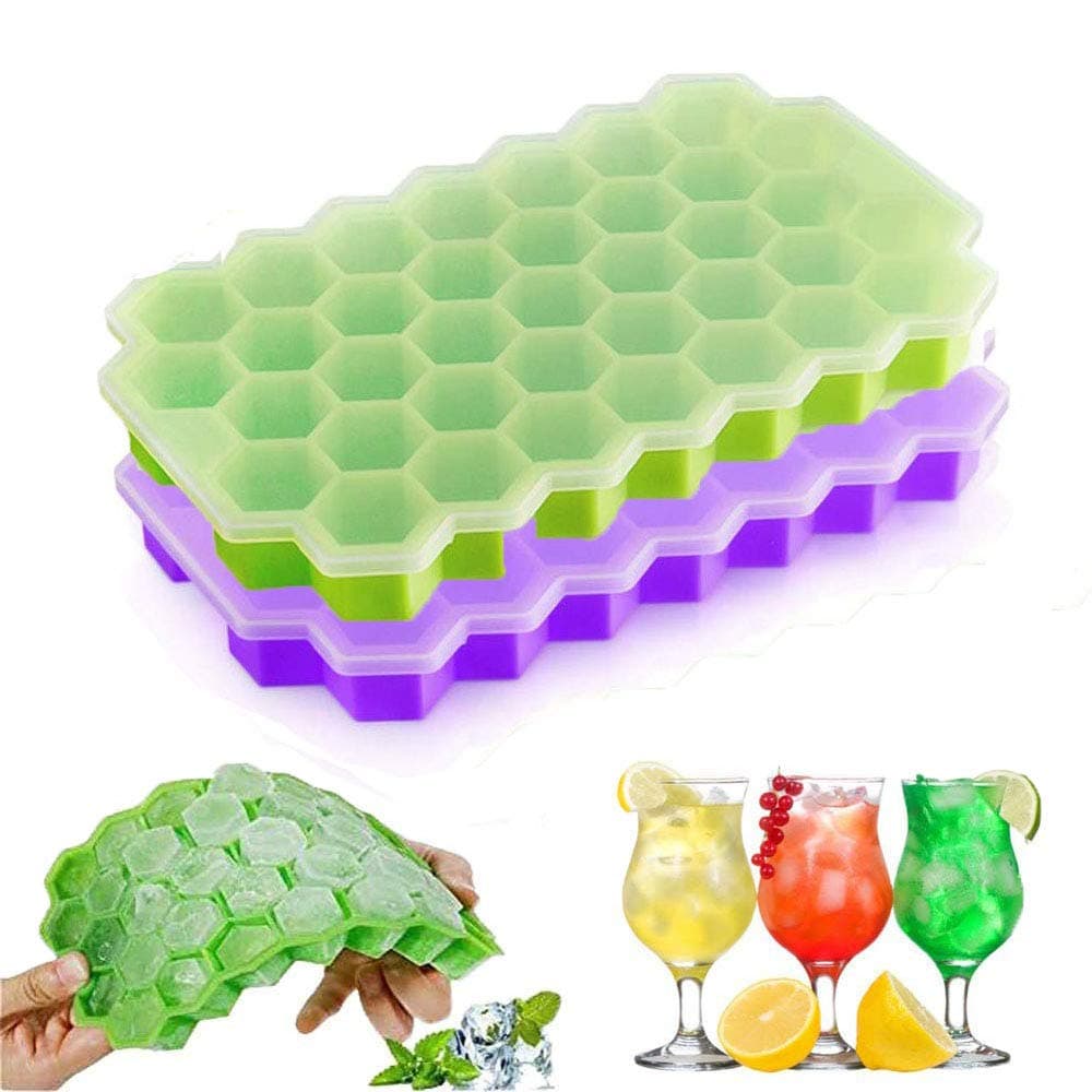 Silicone Ice Cube Trays with Lids - 37 Creative Ice Cubes Maker Mold with BPA Free for Freezer,Baby Food,Water, Whiskey,Cocktails and Other Drink 2 Packs Green&Purple