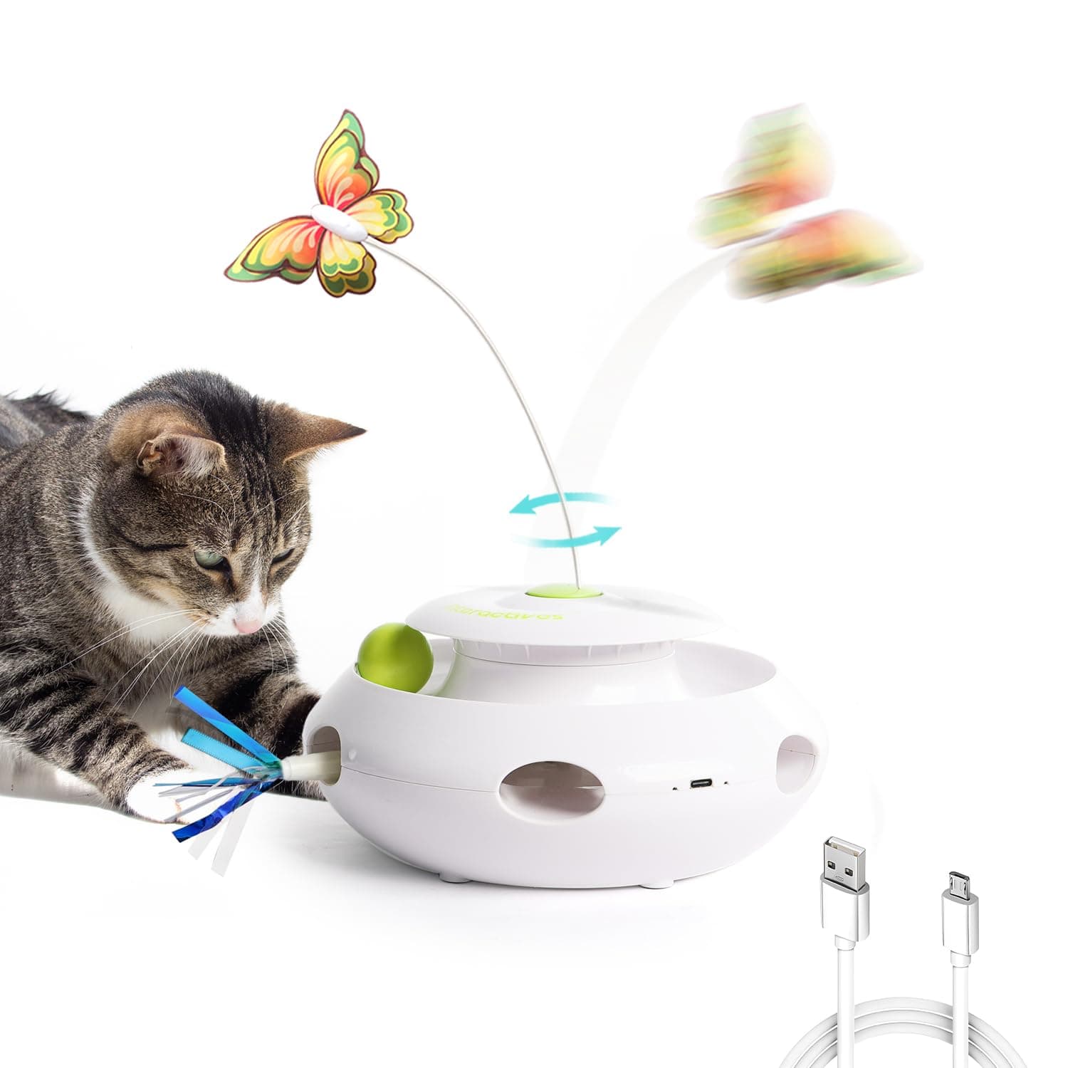 3 in 1 Interactive Cat Butterfly Flutter Toy with Rolling Balls, Random Feather Toy Automatic Kitten Spinner Toys for Indoor Cats