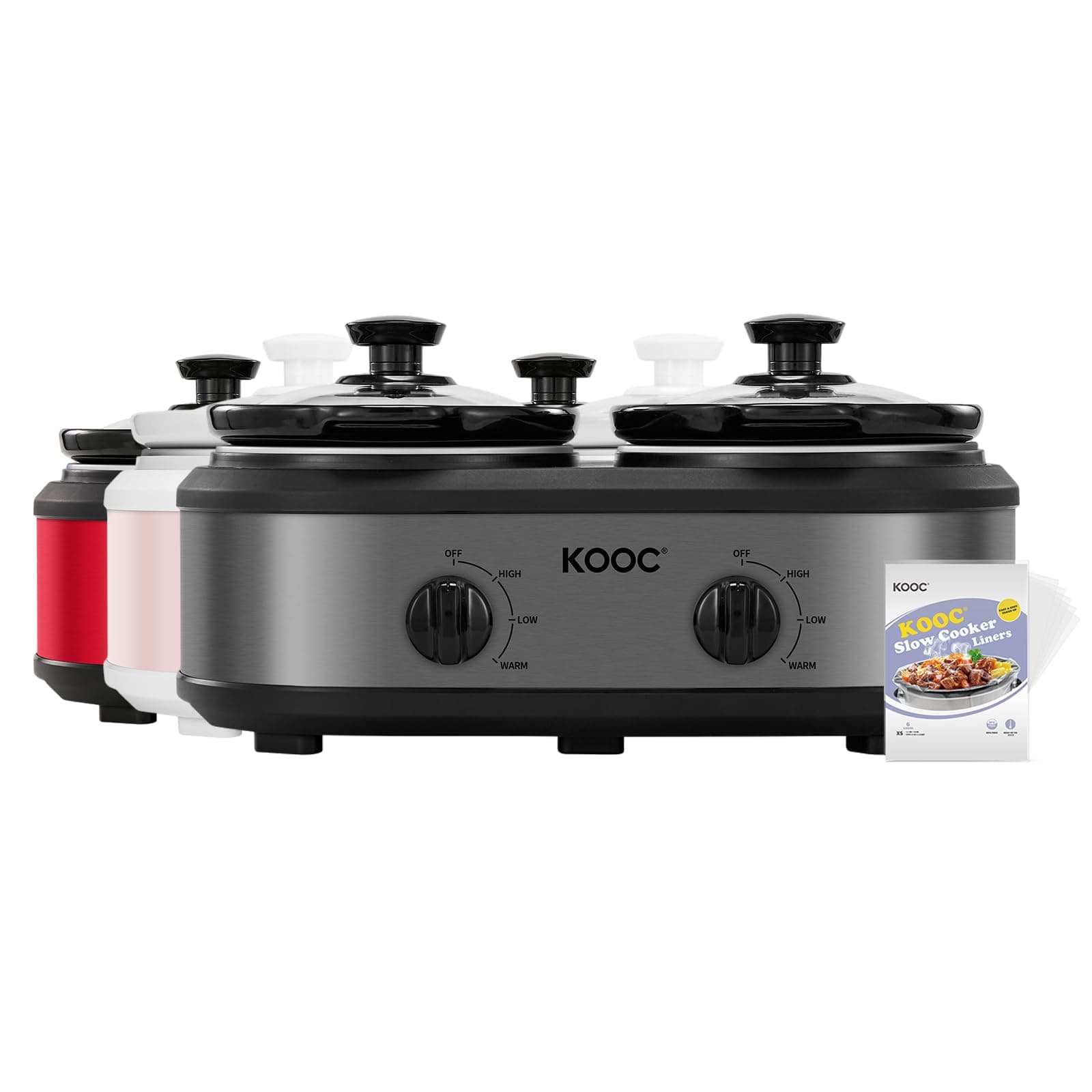 Double Small Slow Cooker, Buffet Server and Warmer, 2 Mini Pots with 3 Individual Adjustable Temp, Dual Ceramic Pots, Free Liners for Easy Clean-up, Stainless Steel, Total 2.5 Quart, Grey, Round