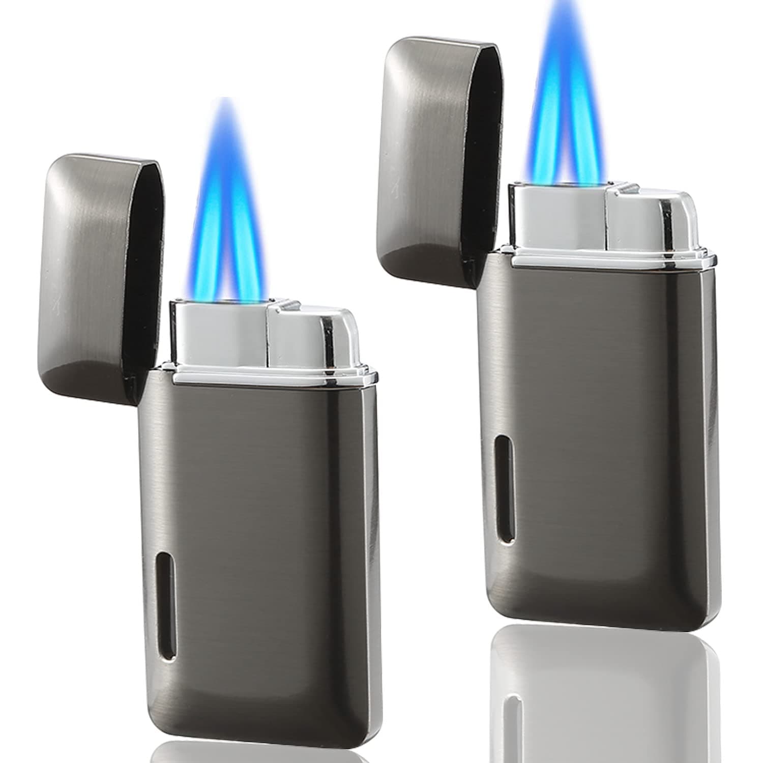 2 Pack Double Flame Torch Lighter Butane Refillable,Classic Pocket Lighters with Visible Window, Adjustable Jet Torch Lighter,Butane Lighter for Men and Women, Without Butane. (Grey)