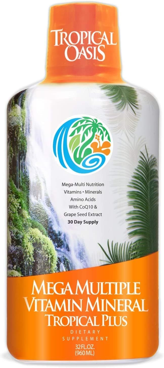 Tropical Oasis Mega Plus - Liquid Multivitamin and Mineral Supplement – Includes 85 Vitamins & Minerals, 20 Amino Acids + CoQ10, Grape Seed Extract & Organic Aloe Vera - 32oz, 32 Servings
