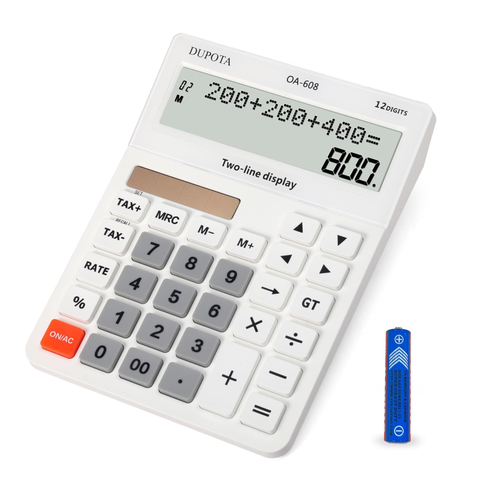 Desktop Calculator Large Display Big Buttons with 12 Digits 2-line LCD, Dual Solar Power and Battery, Calculator with Tax and Check Function for Office, Home, School and Business Large Size（OA-608）