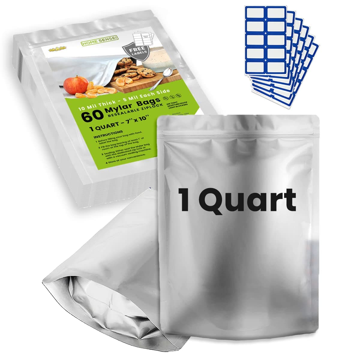60pcs 1 Quart Mylar Bags for Food Storage - ExtraThick 10 Mil - Smell Proof Mylar 1 Quart - Stand-Up Zipper Pouches 7" x 10" - Small Bags for Food Storage - Heat Sealable