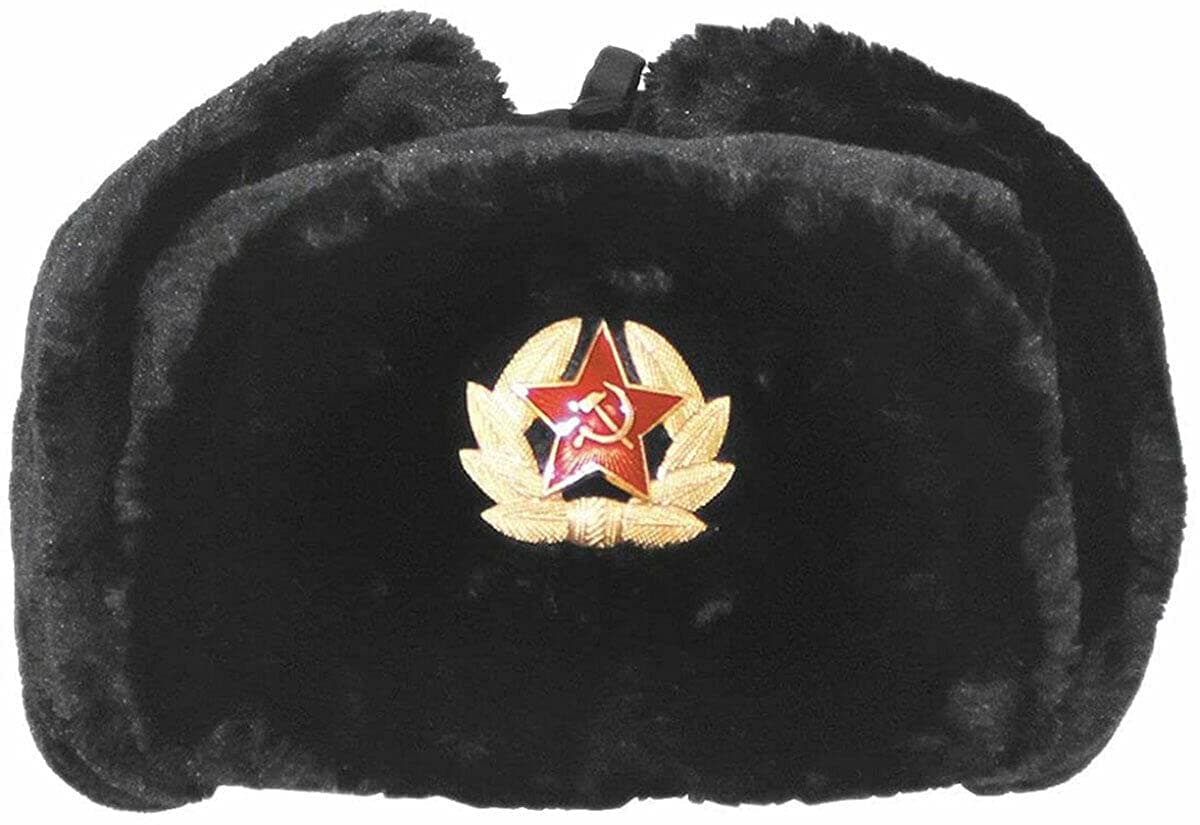 KK TRADERS (MCR) LTDWinter Cap Russian Trapper Hat with Soviet Badge Faux Fur Ushanka Cossack Hat UK-One Size (58-60cm)