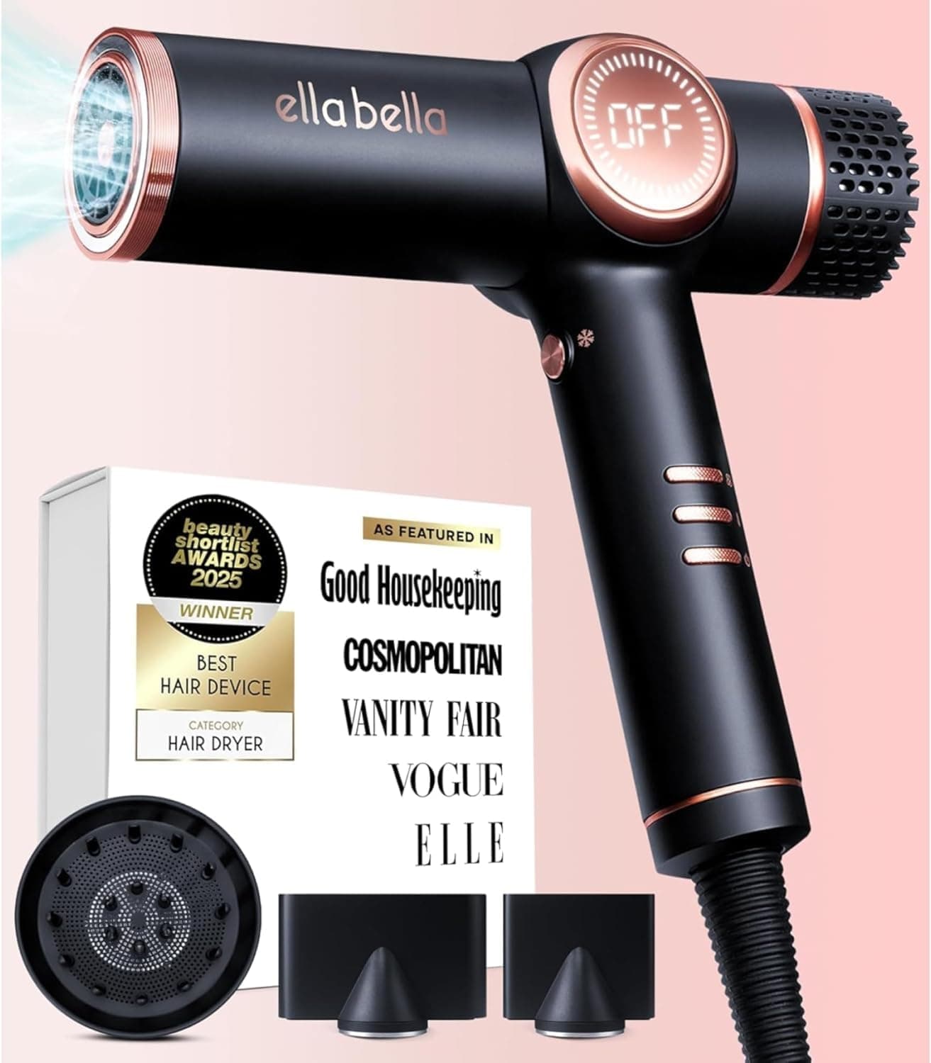 ELLA BELLA® Professional Ionic Hair Dryer with Diffuser • Negative Ion Blow Dryer • Suitable All Hair Types • Intelligent Heat Control & Rapid Drying Speeds • Lightweight Design • Low Noise Technology