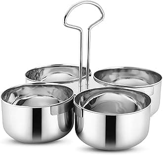 Saag Daan Steel with Handle 4 Compartments Sagdan | Big Size Saag Daan Steel Stainless Chaumukh | Heavy Gauge Double Serving Bowl with Handle | Home & Kitchen Storage Bowls