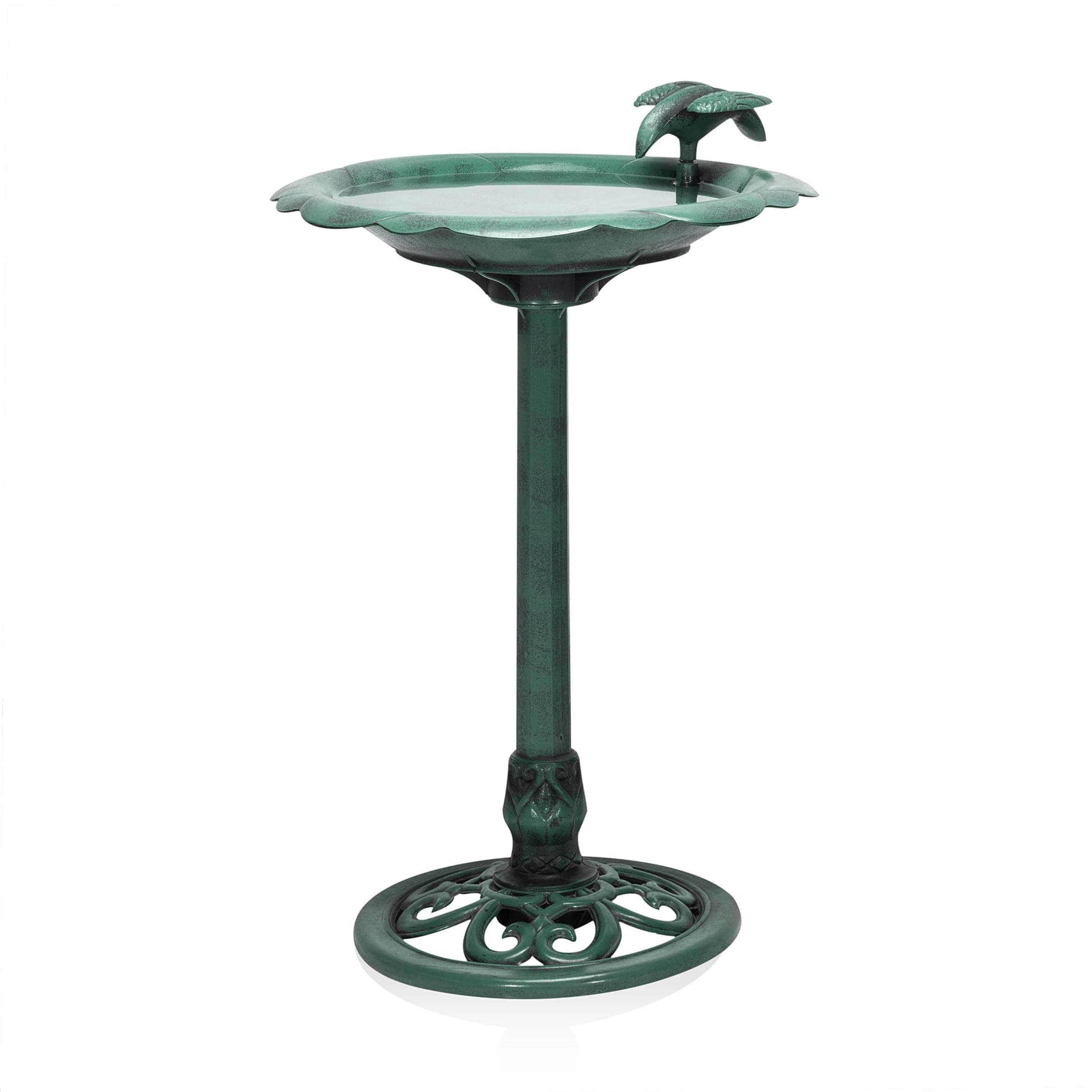 31" Tall Outdoor Antique Flower Birdbath with Bird Decoration Yard Statue, Durable Polypropylene Construction for Patio, Deck, or Yard, Green