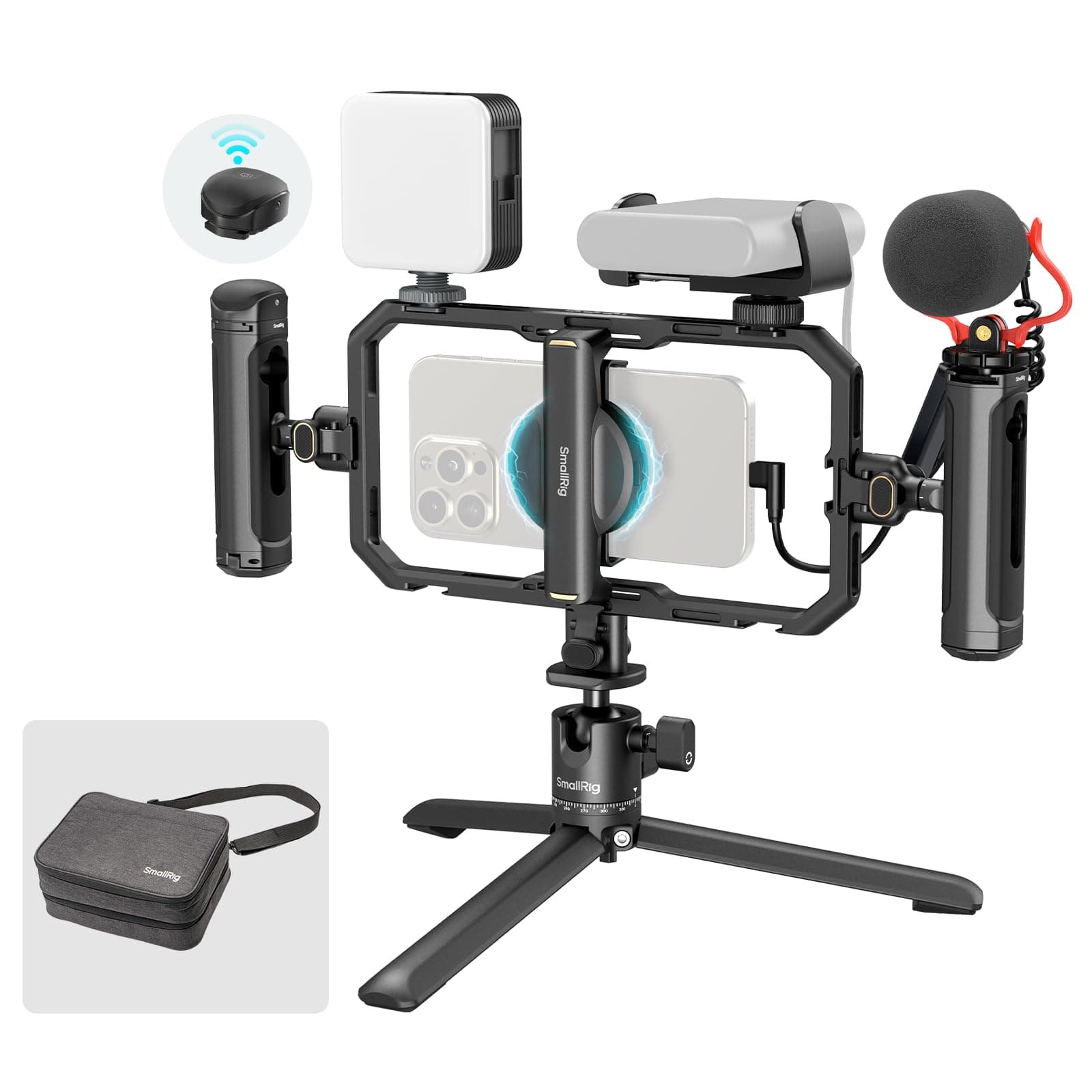 All-in-One Universal Quick Release Phone Video Rig Kit Pro, Phone Stabilizer Rig Kit with LED Light Microphone QR Tripod Dual Handles Power Bank Holder, for Creator & Live Streaming - 4704