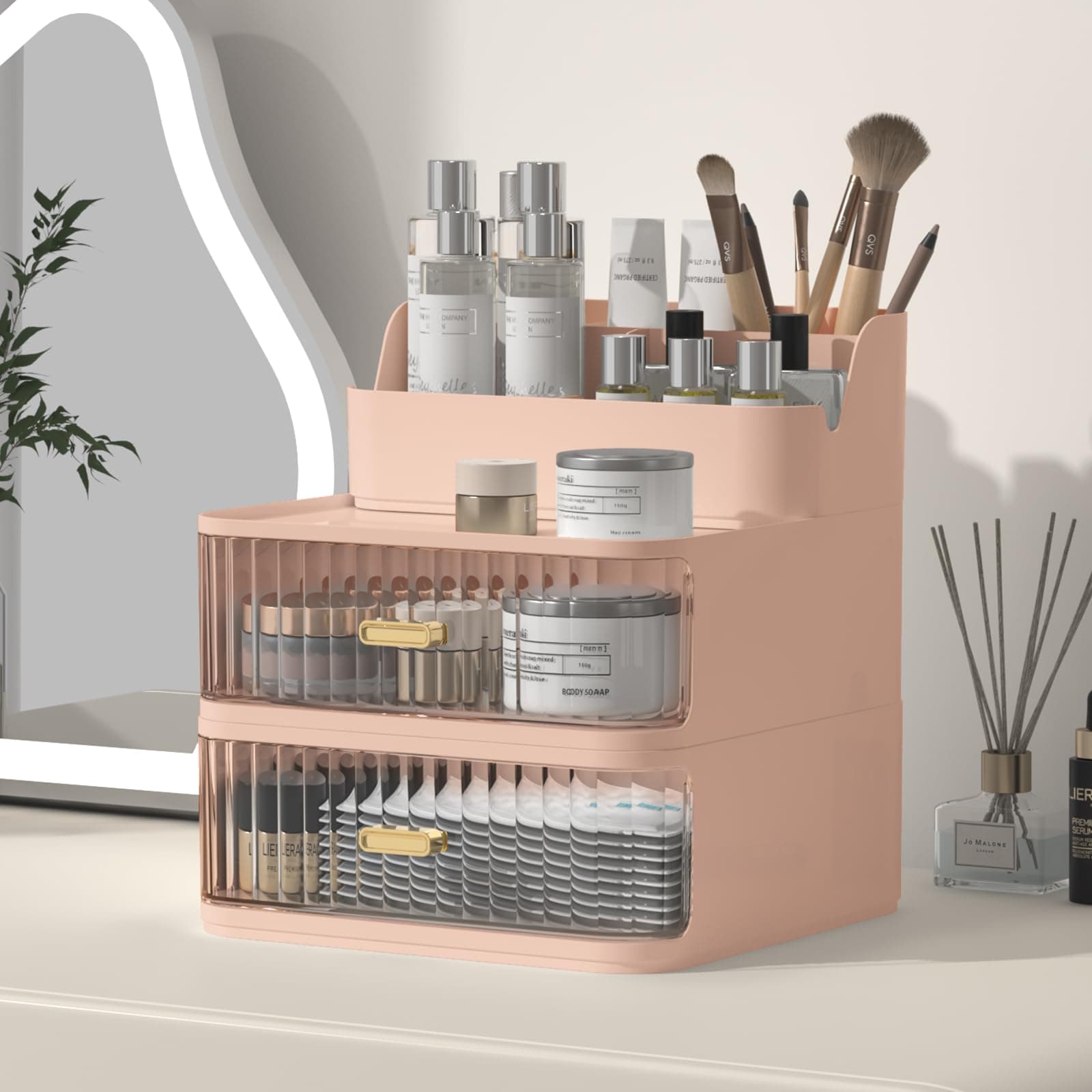 DimcapoStackable Makeup Organizer, Make Up Organizer for Vanity With 2 Drawers - Skincare Organizers for Lipstick, Lotion, Mask, Cream, Essence, Air Cushion, Liquid Foundation, Concealer (Pink)