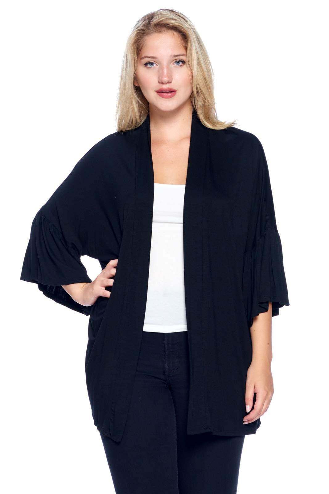 Modern Kiwi Women's Plus Size Solid Bell Sleeve Open Kimono Cardigan