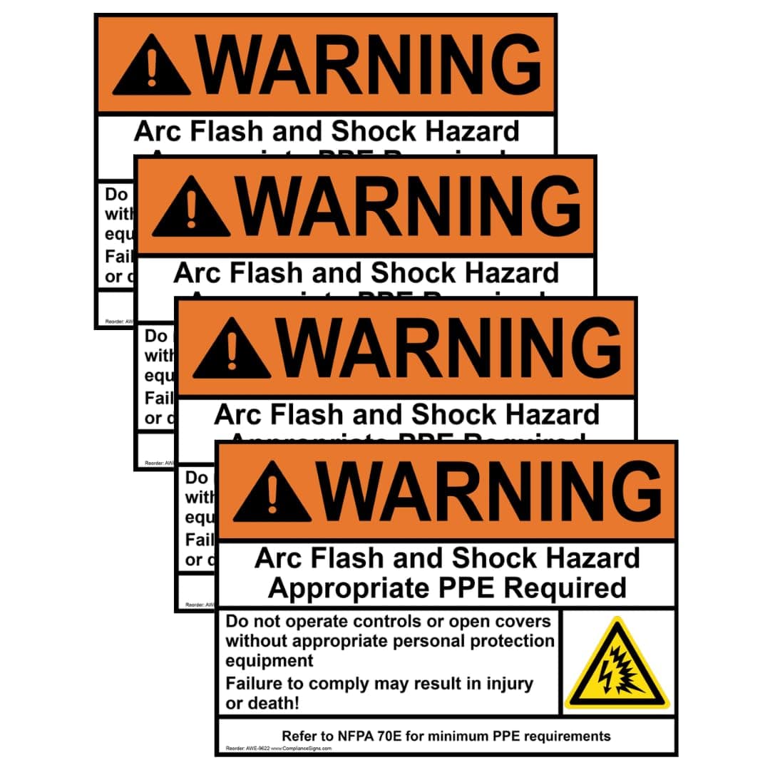 ComplianceSigns.com WARNING Arc Flash And Shock Hazard Appropriate PPE ANSI NFPA 70E Label Decal, 5x3.5 inch 4-Pack Vinyl for Electrical, American Made Safety Signs for the Workplace