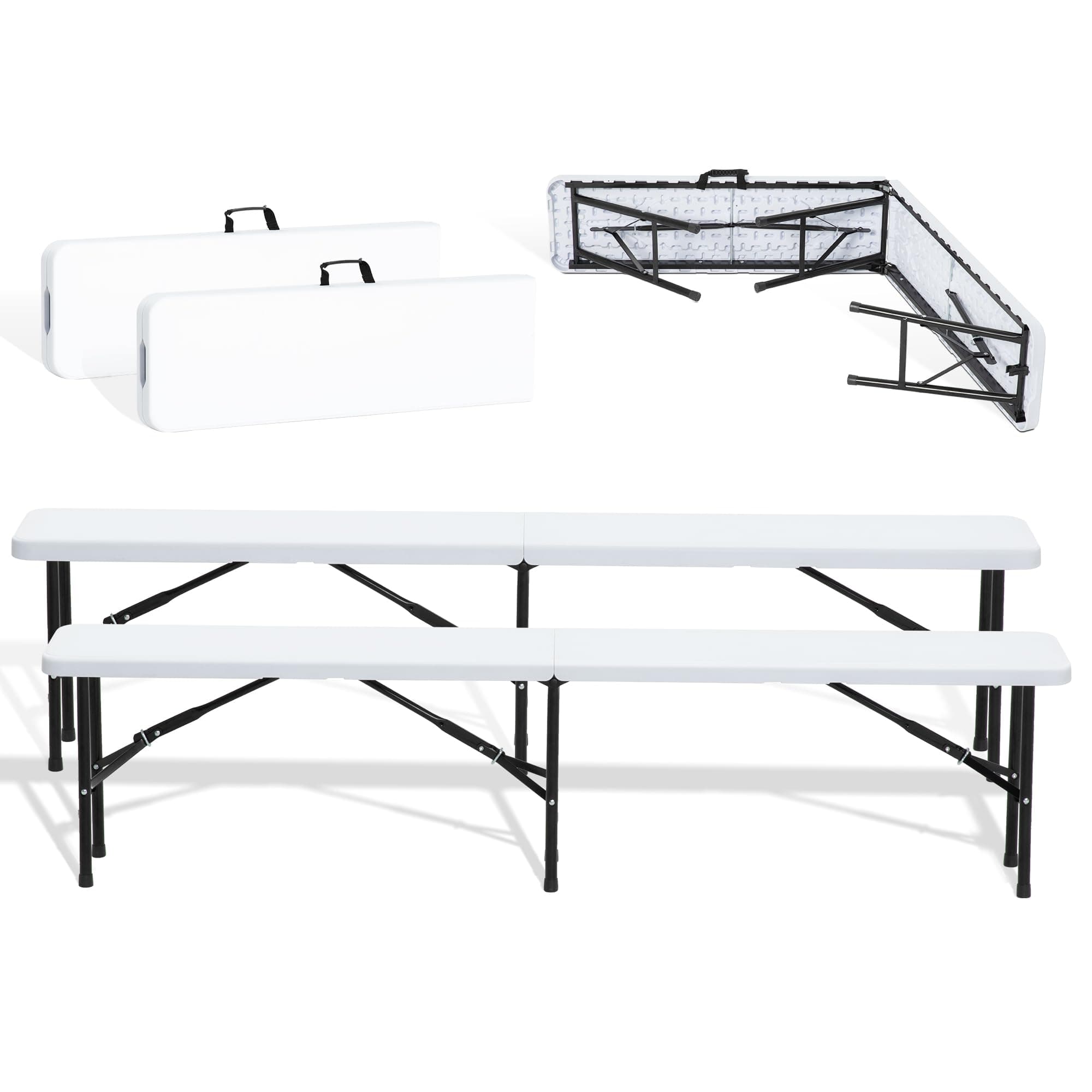 Real Relax 6FT Folding Bench, 2 Pack Portable Bench with Handle and Non-Slip Pad, Waterproof Camping Bench for Garden, Picnic, Indoor Outdoor Entertaining, White