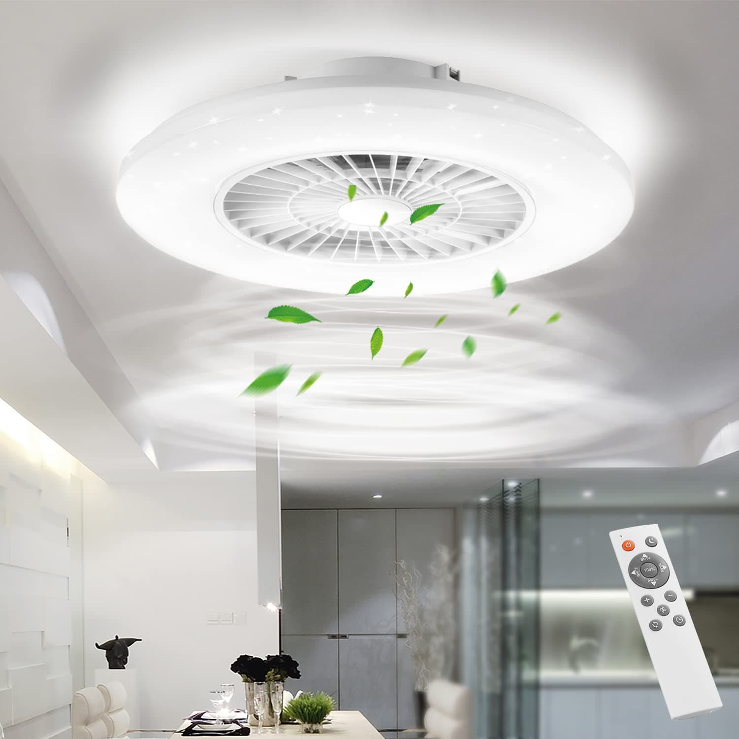 60CM LED Ceiling Light With Fan, 24 Wind Speeds, Stepless Dimming, Modern Lighting for Living Room, Dining Room, Bedroom, Office, 3000-5500K, White