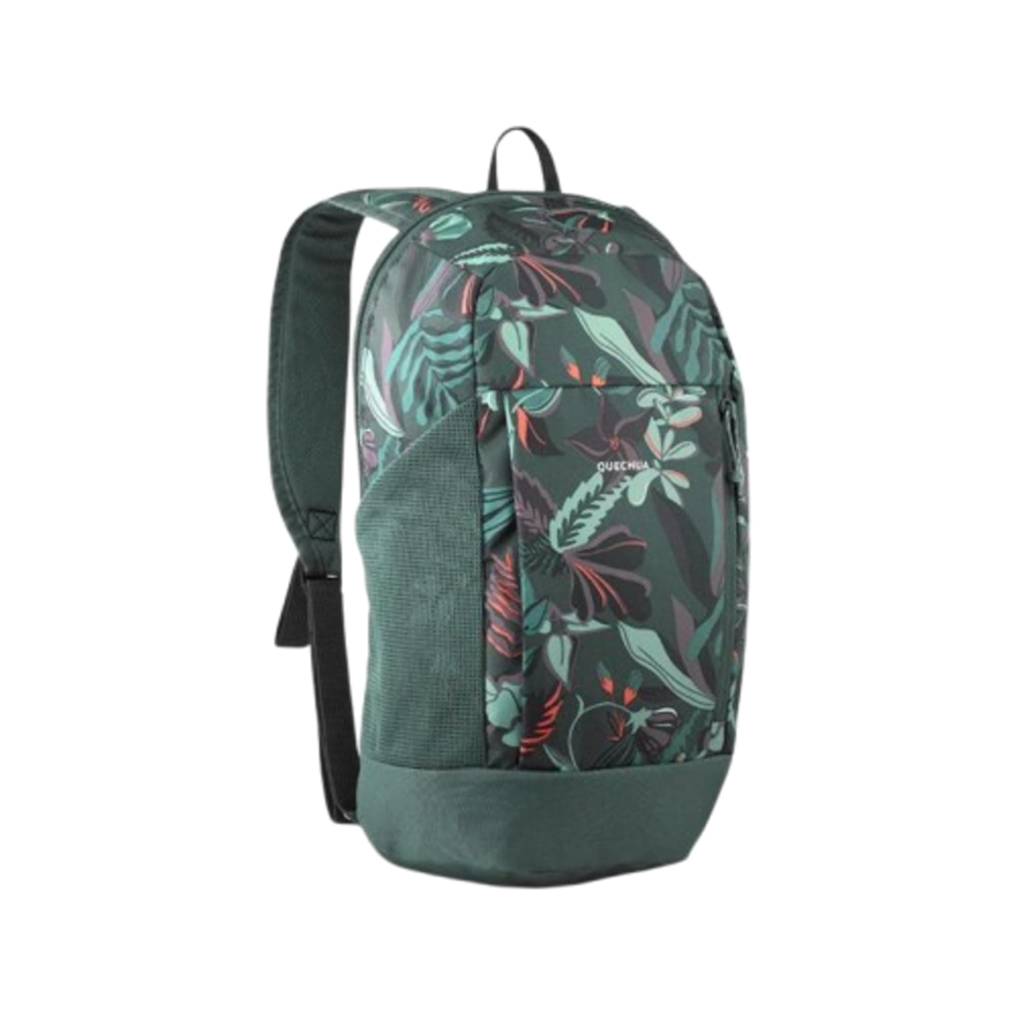 QUECHUA Small Mountain Hiking Backpack, Walk Backpack, Tourism Backpack, Small Sport Backpack, 10L, Dark Green with Nature Details Brown, Grey and Orange (Arpenaz NH100), green