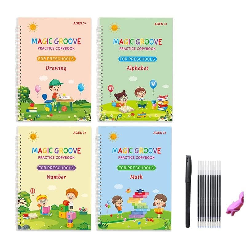 Graphene Magic Practice Copybook Set, Enhance Learning with Alphabet, Numbers, English, Math, Reusable, Engaging Education for Preschoolers, Includes 4 Books, 1 Pen, Gripper & Refills