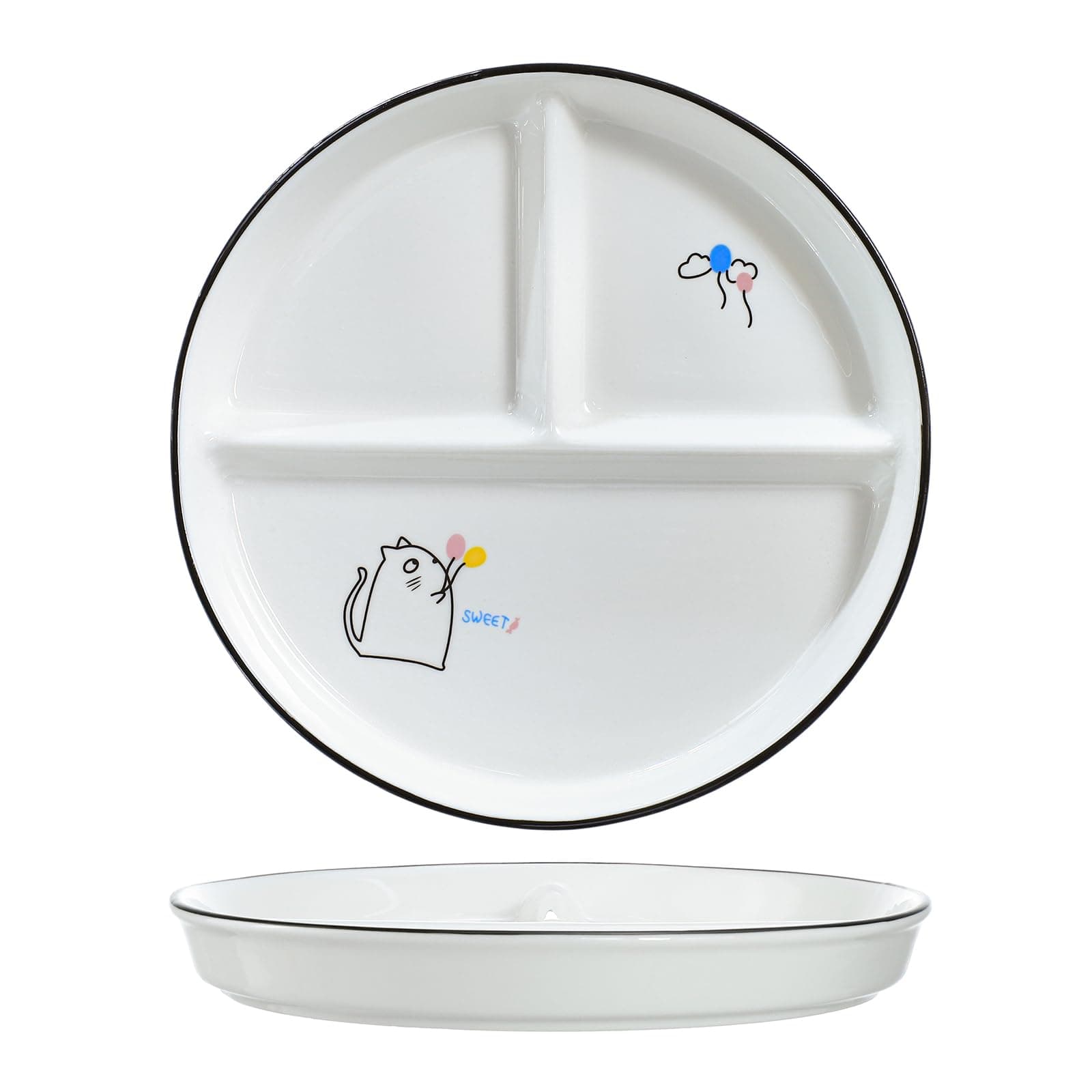 SOCOSY Ceramic 3-Compartment Portion Control Plate Divided Dish Platters, Divided Dessert Salad Dinner Snack Dishes, Appetizer Serving Trays, 1 PC - Balloon Cat-8 Inch
