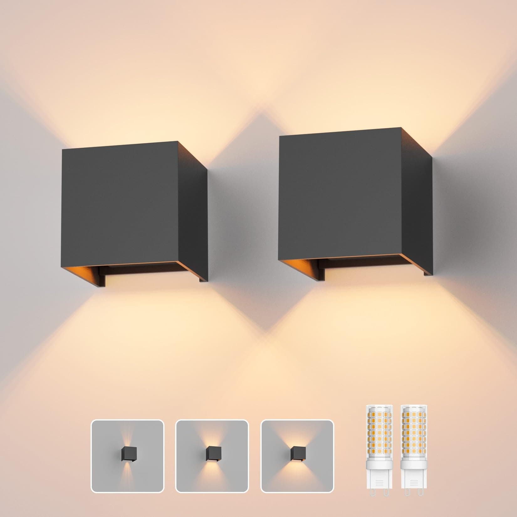 Klighten 2PCS Modern LED Wall Lights Up and Down Wall Lamp Outdoor/Indoor Wall Sconce Lights, Adjustable Beam Angle, Warm White 3000K, Dark Grey (G9 LED Bulb Include)