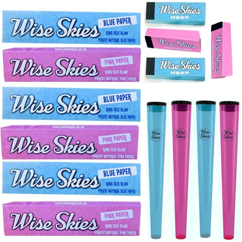 Wise Skies Blue & Pink Rolling Paper Bundle Package Rolling Tips