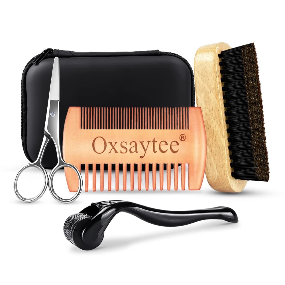 Beard Growth Kit for Men,Beard Brush, Dual Teeth Comb, Barber Scissors,Beard & Mustache Facial Hair Growth Roller Kit with Zipper Box, Birthday Gifts for Fathers Dad Men