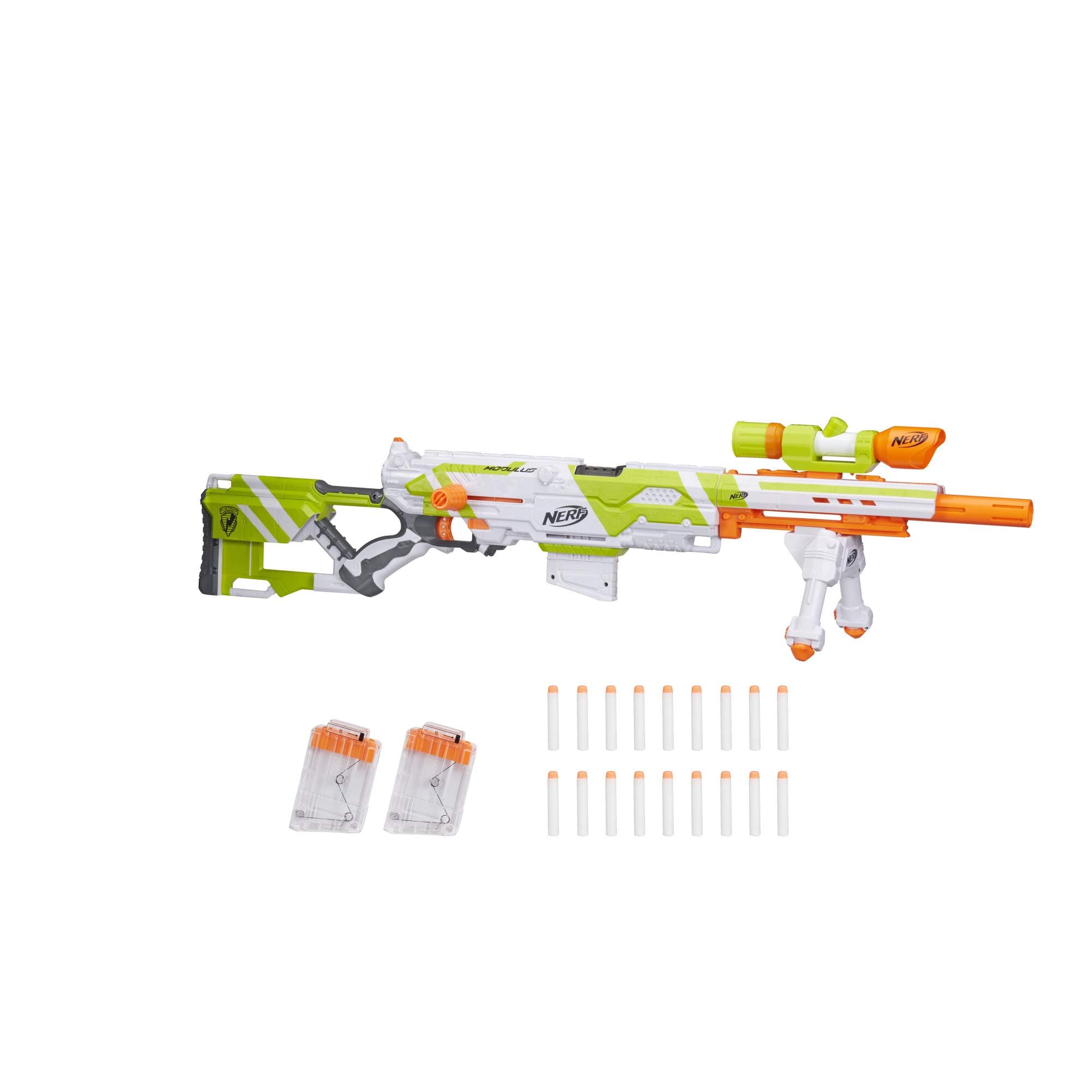 NERF Longstrike Modulus Toy Blaster with Barrel Extension, Bipod, Scopes, 18 Modulus Elite Darts & 3 Six-Dart Clips (Amazon Exclusive)
