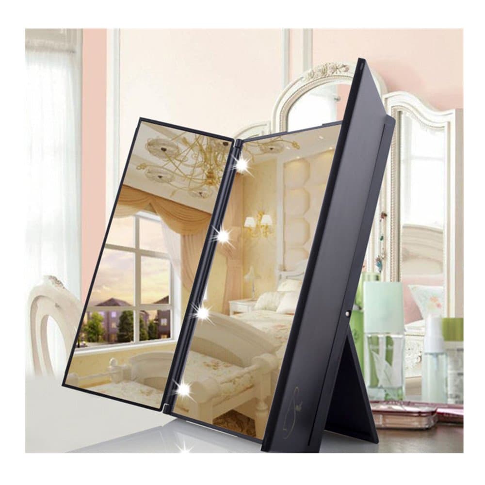 Sotoboo Foldable Vanity Makeup Mirror with LED Lights, Tri-Fold Illuminated Light LED Travel Mirror, 8Pcs Led Cosmetic Lighted Table Mirrors for Beauty Dressing Home Women Girls Beauty - 45° Tilt