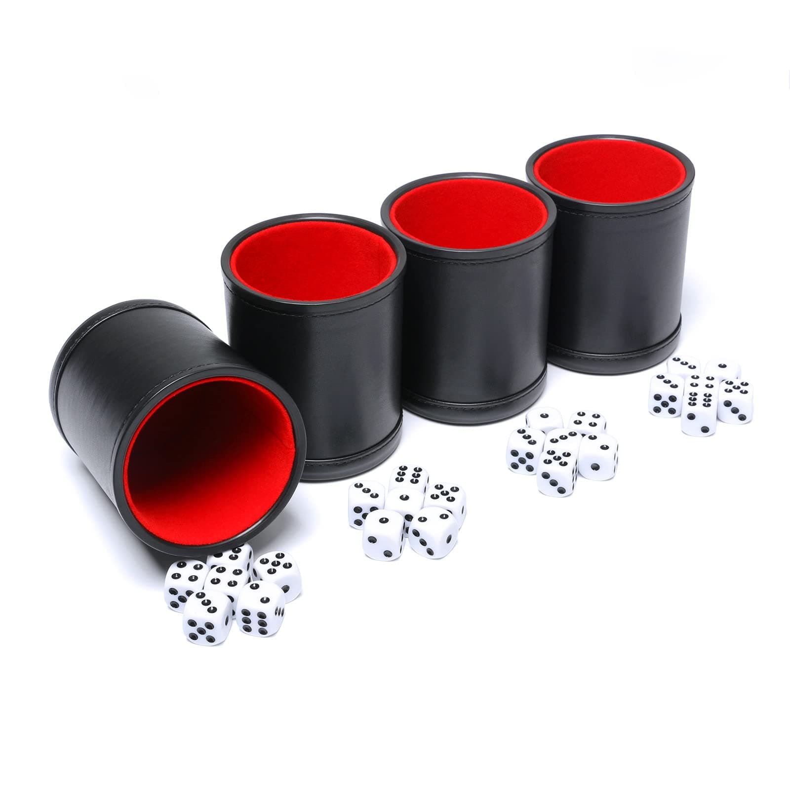 Leather Dice Cup Set Felt Lining Quiet Shaker with 6 Dot Dices for Farkle Yahtzee Games,4 Pack (Black)