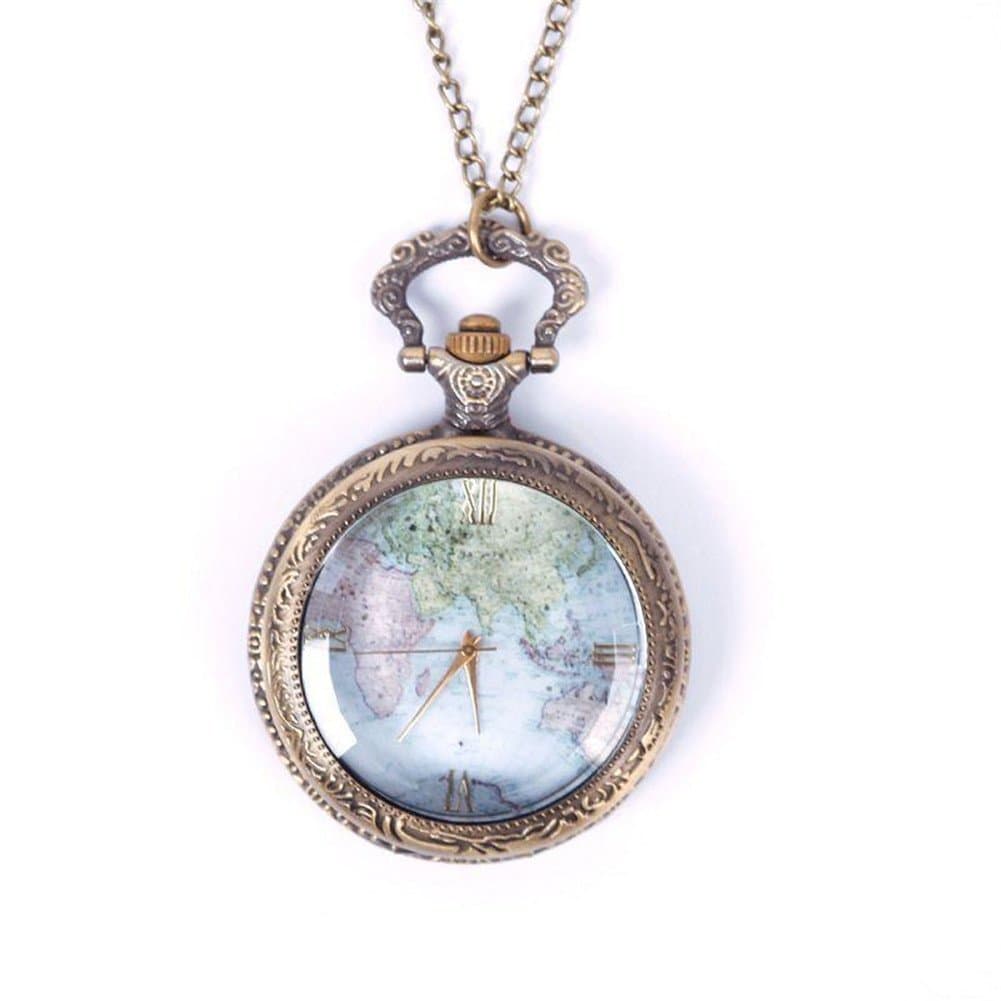 Eachbid Smart Applied Vintage Retro World Map Pattern Quartz Chain Pendant Pocket Watch Necklace 02