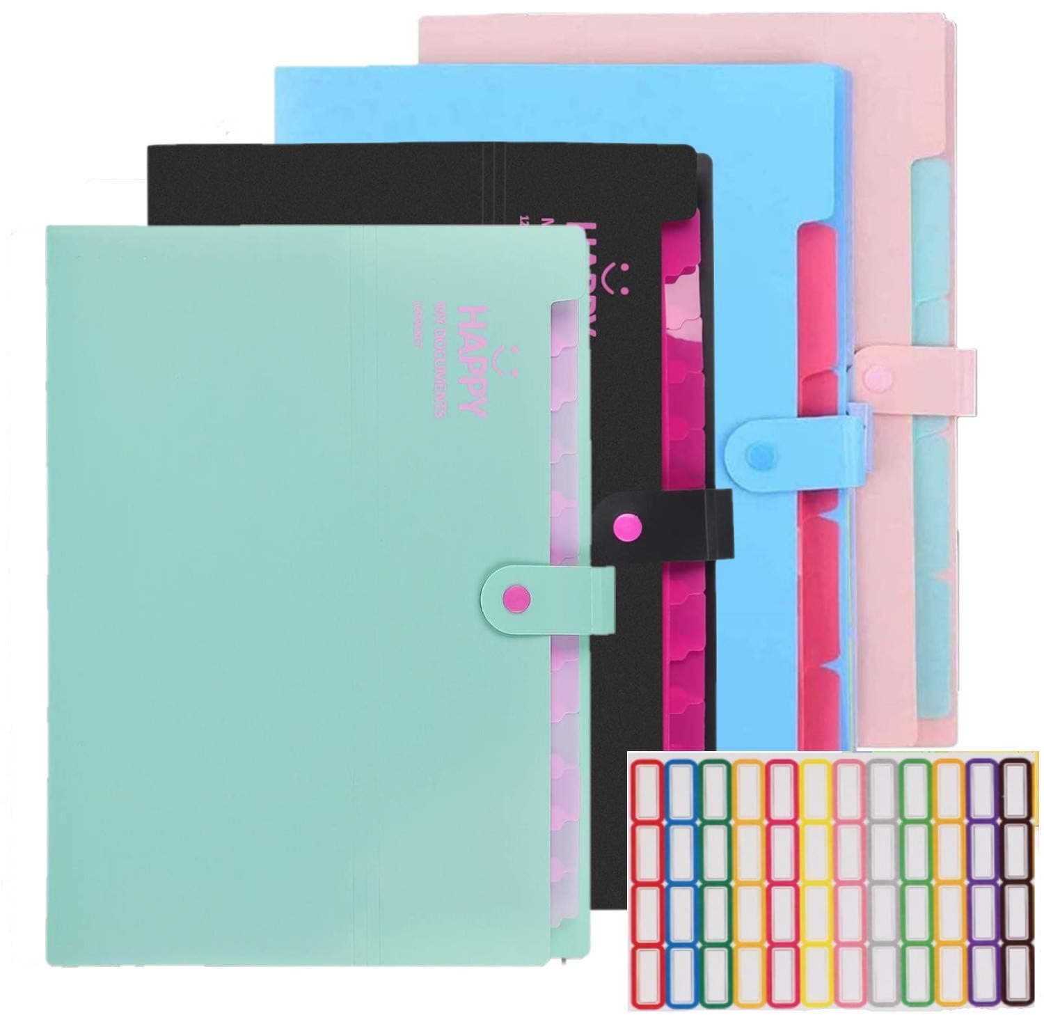 4Pcs A4 Expanding File Folders, 12 Pockets File Folder with Snap Closure Letter Size Accordion Document Paper Organizer for Home School Office (with 64Pcs Labels)