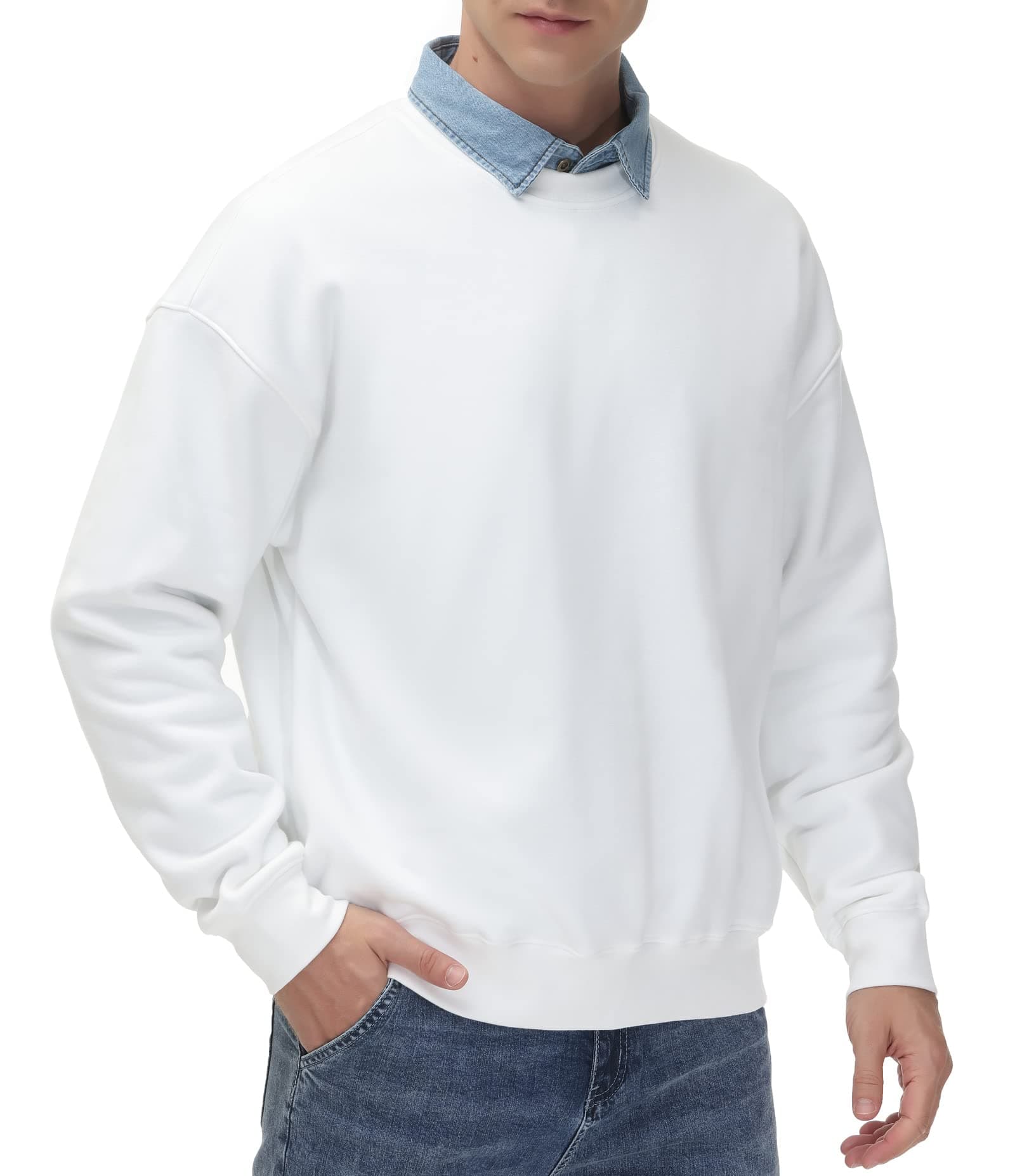 THE GYM PEOPLE Men's Fleece Crewneck Sweatshirt Thick Loose fit Soft Basic Pullover Sweatshirt, White, XXL