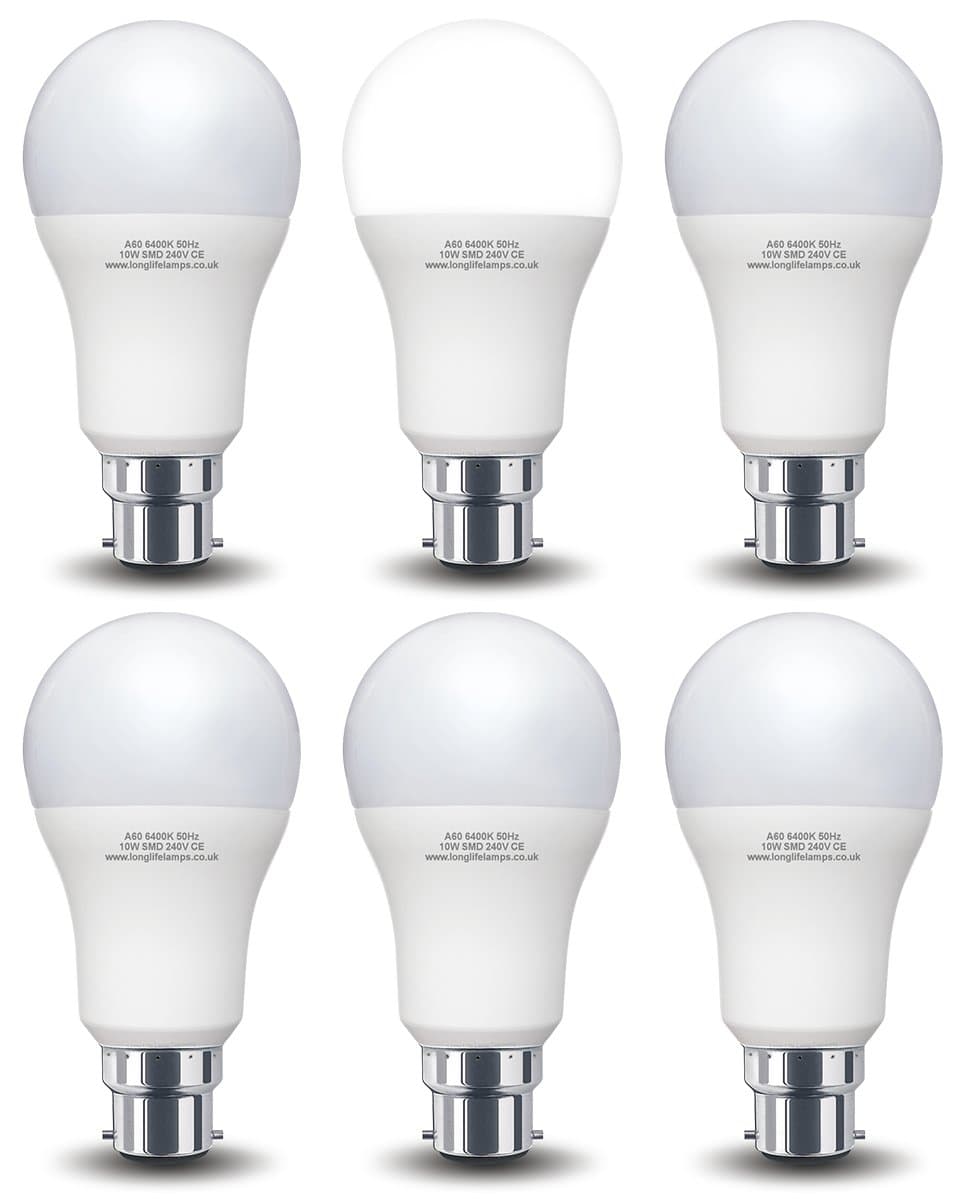 6 Pack 10w GLS LED Light Bulb Cool White B22 Bayonet Very Bright 10w = 100w A60