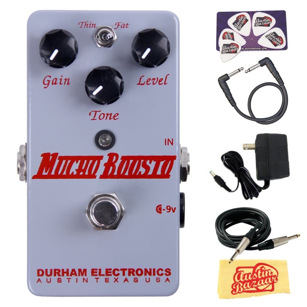 Durham Electronics Mucho Boosto Medium Gain Overdrive Booster Guitar Pedal Bundle with AC Adapter Power Supply, Instrument Cable, Patch Cable, Picks, and Polishing Cloth