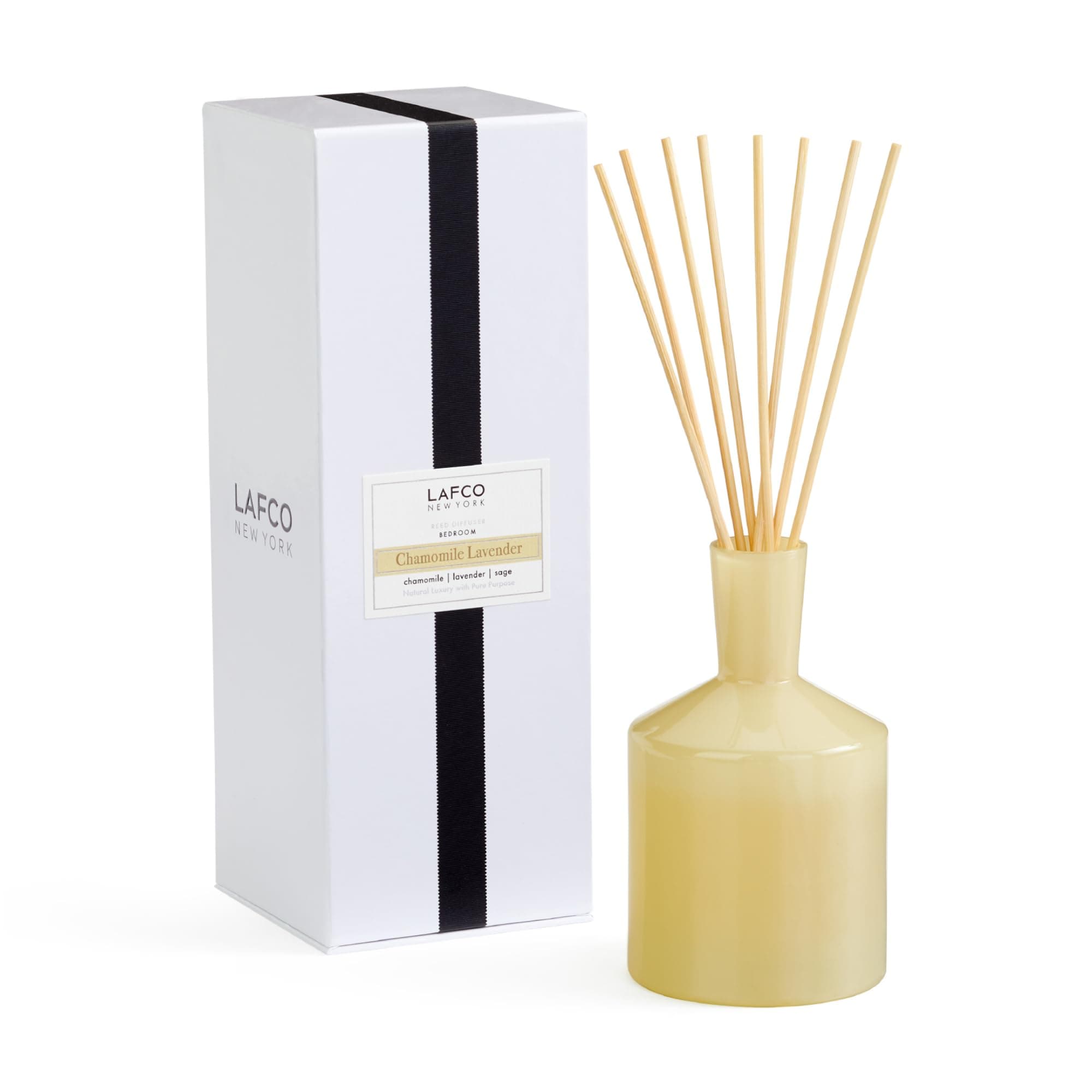 LAFCO New York Classic Reed Diffuser, Chamomile Lavender - 6 oz - Up to 3 Months Fragrance Life - Reusable, Hand Blown Glass Vessel - Natural Wood Reeds - Made in The USA