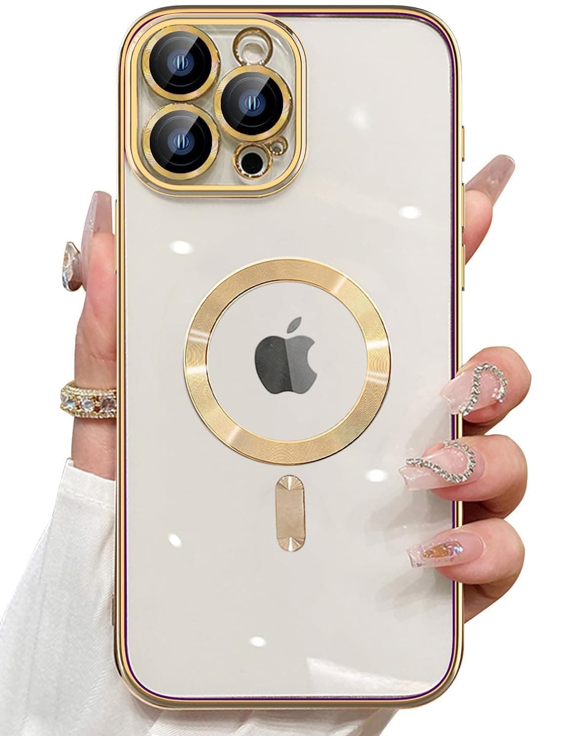 VONZEE Electroplating Transparent Clear Logo Back Cover TPU Compatible with iPhone 15 Pro Max Case, Compatible with Magsafe, Full Body & Individual Camera Protection for Each Lens (Gold)