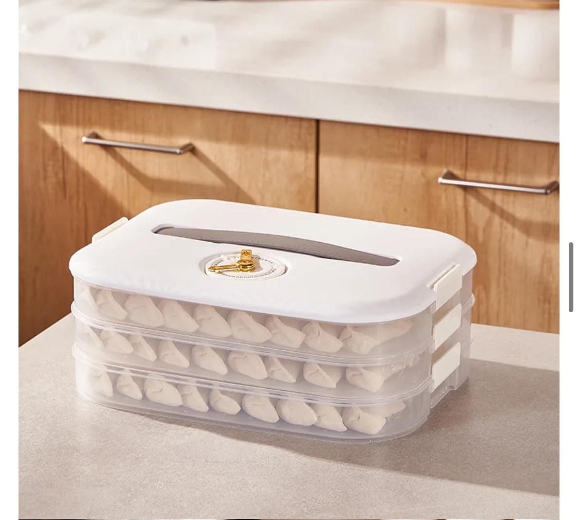 Generic Refrigerator Freezer Food Storage Container Cold Storage Box with Lid, Handle and Timer, Dumpling, Samosa, Cookies, Cutlets Preservation Box (White) (3 Layered), KF5070