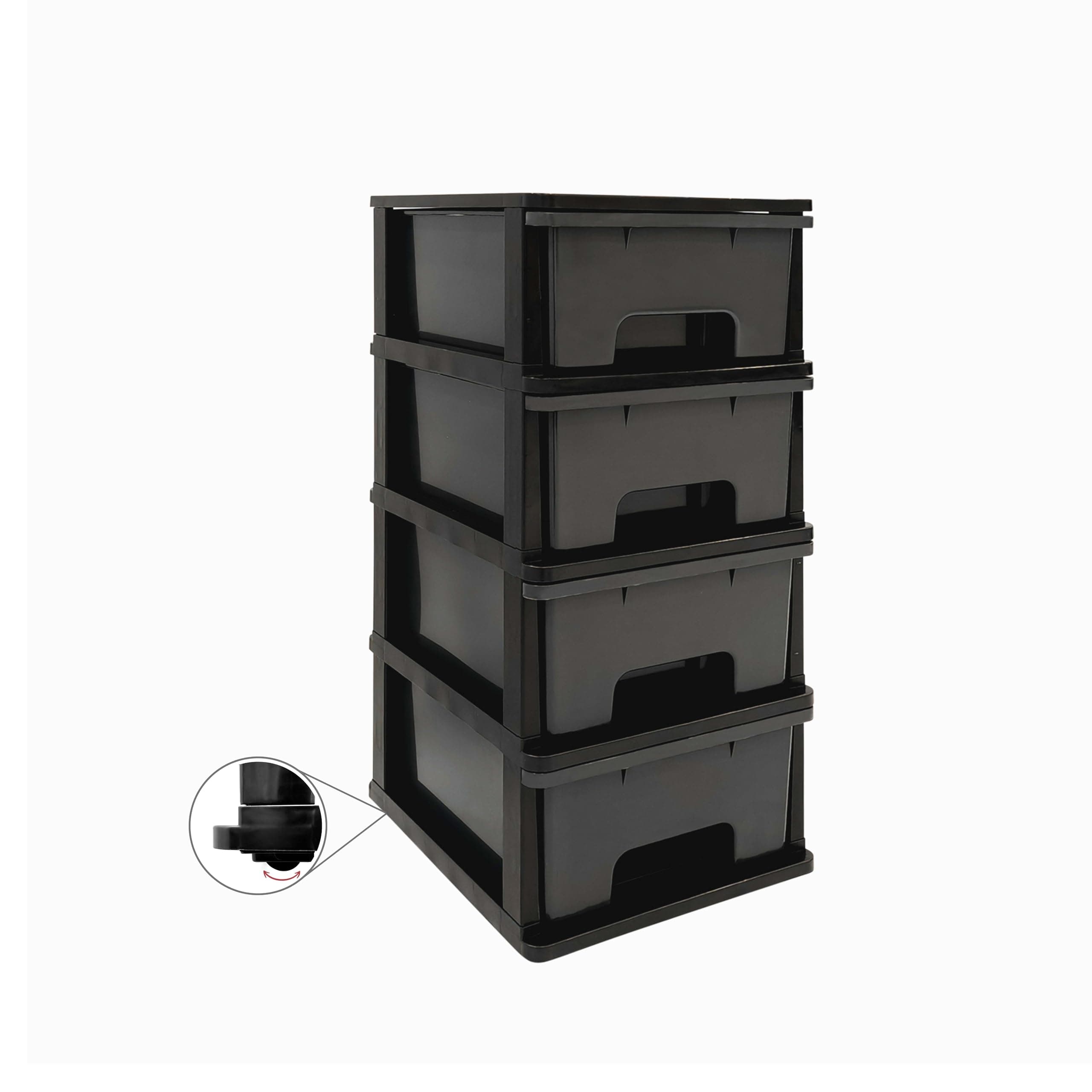 Plastic Drawers Storage Unit, With Wheels, Storage Drawers, Tower, 4 x 17L Drawers, Black Frame/Modern Grey Draws
