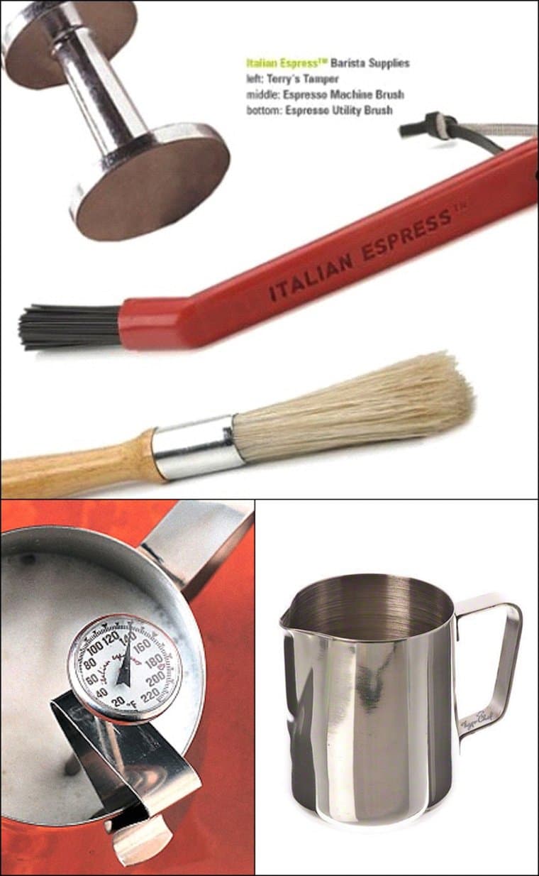 Espresso Barista's Accessory Tool Kit Bundle - Tamper, Utility Brush, Machine Cleaning Brush and Frothing Pitcher with Thermometer