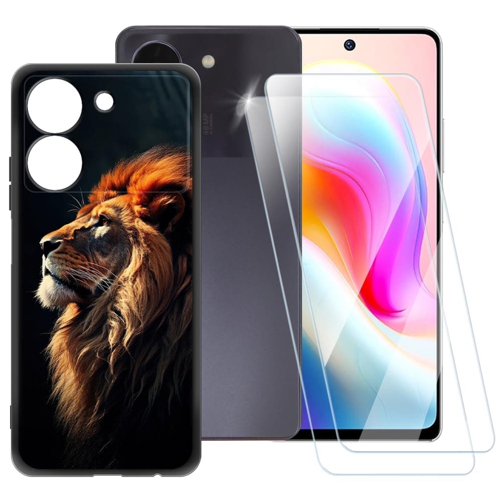 ESACMOT Lion Pattern Case Compatible with Lava Benco S1 Plus + [2 Pack] Screen Protector Tempered Glass, Shockproof Case Cover for Lava Benco S1 Plus (6.8 inch)