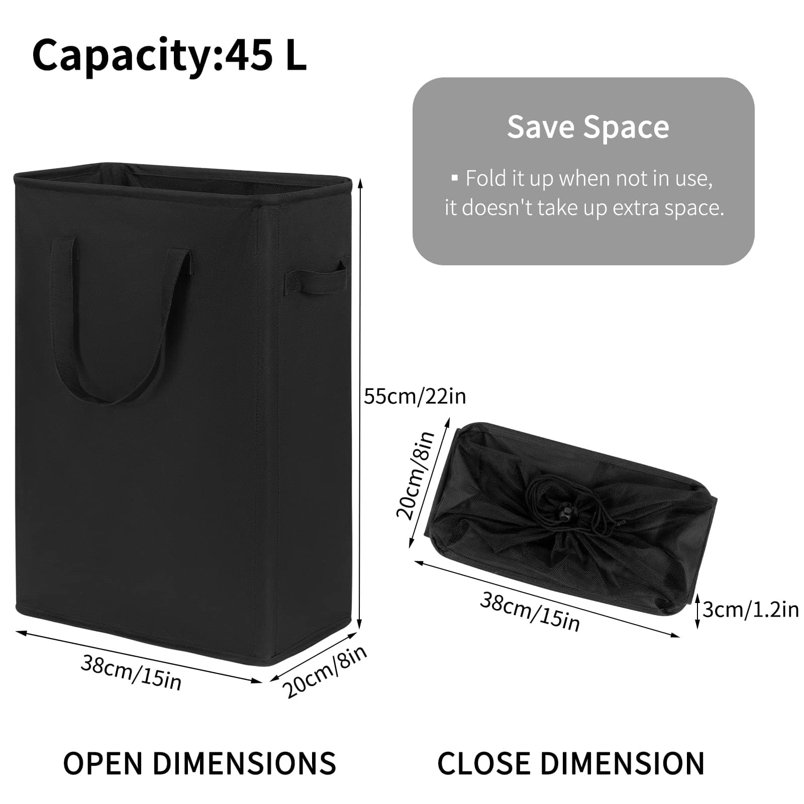 Chrislley 45L Slim Laundry Hamper Thin Laundry Basket with Handle Foldable Dirty Clothes Basket Durable Laundry Storage Organizer Bathroom Corner Narrow (22 inches ,Black)