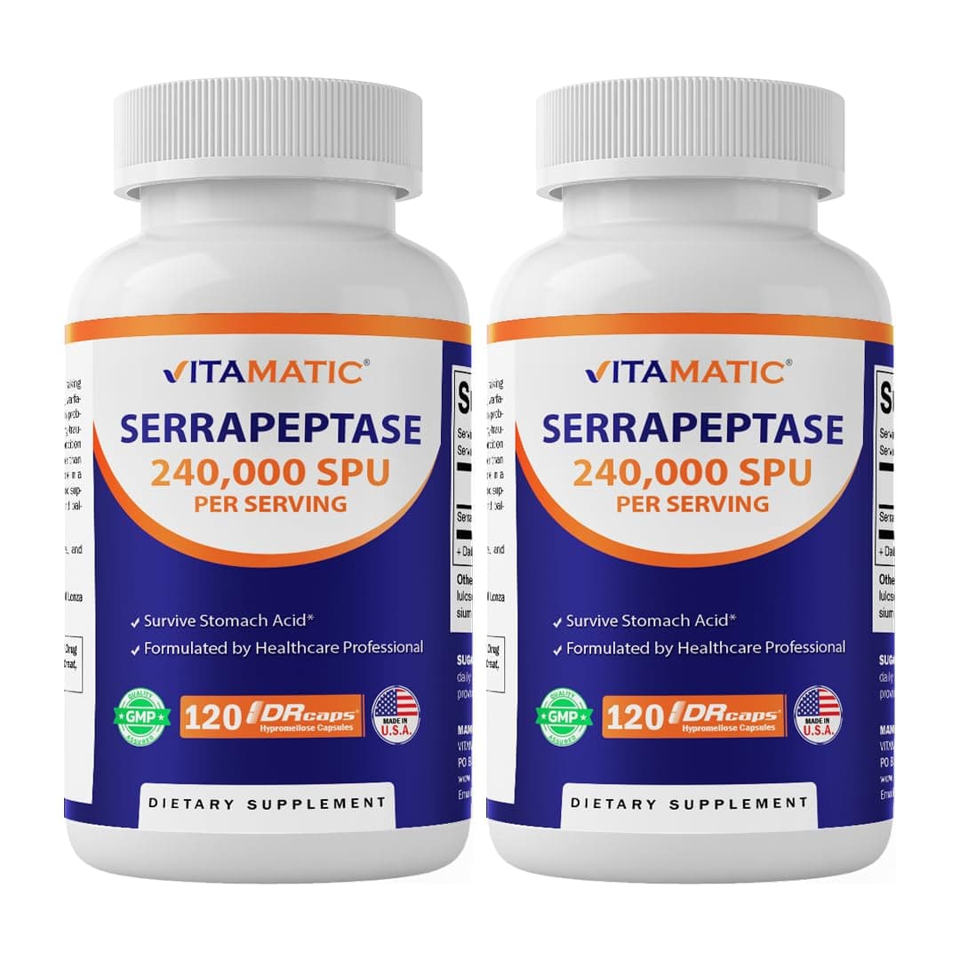 - Vitamatic Serrapeptase 240,000 SPU Servings, 120 Delayed Released Capsules - Enteric Coated - Non-GMO- Made in the USA (120 Count (Pack of 2))