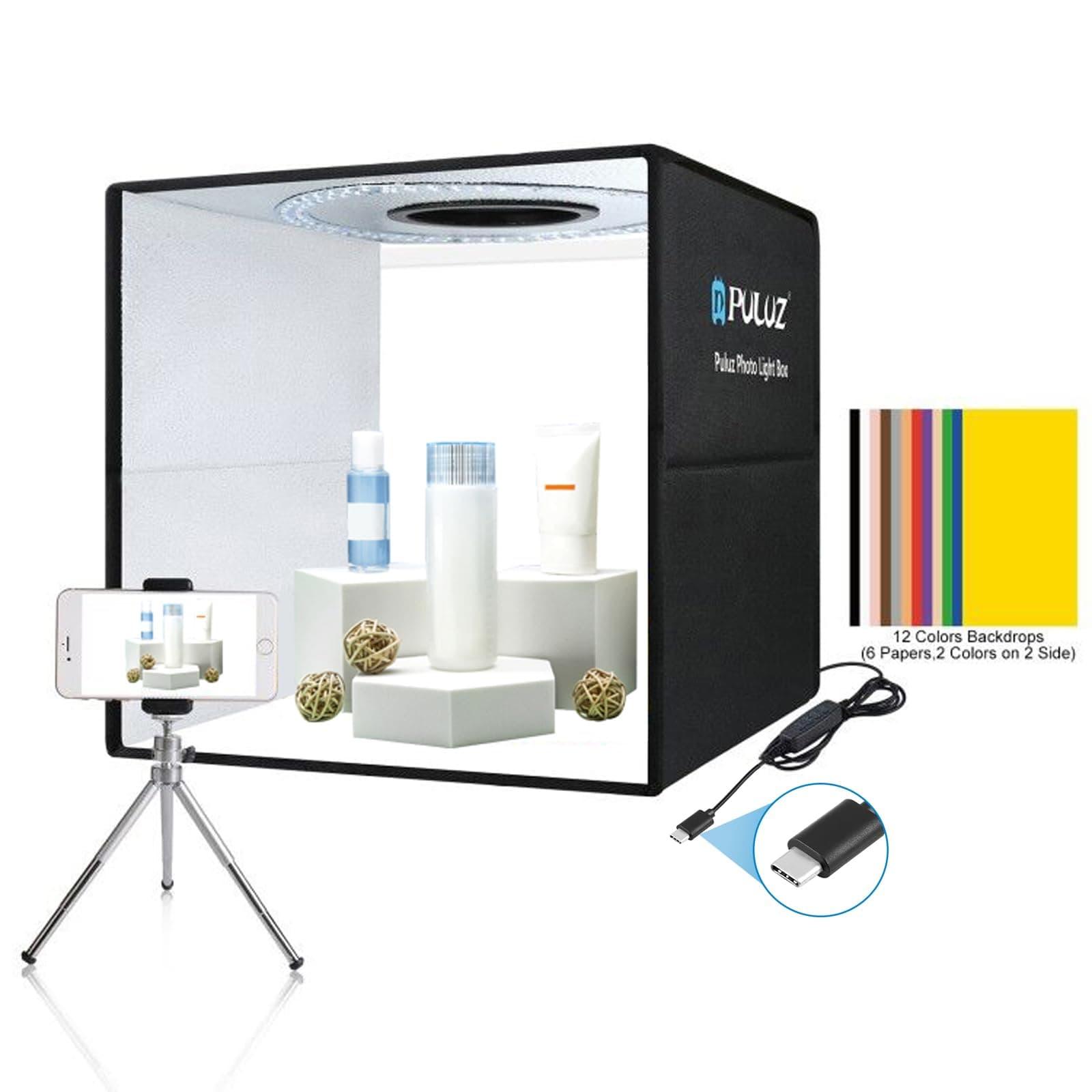 Photo Studio Box, PULUZ 40cm Folding Lightbox 160 LED Ring Light Portable Photo Studio Photography Shooting Tent Box Kit 12 Colors Backdrops USB Light Box for Phones DSLR Camera 16 x 16 inch