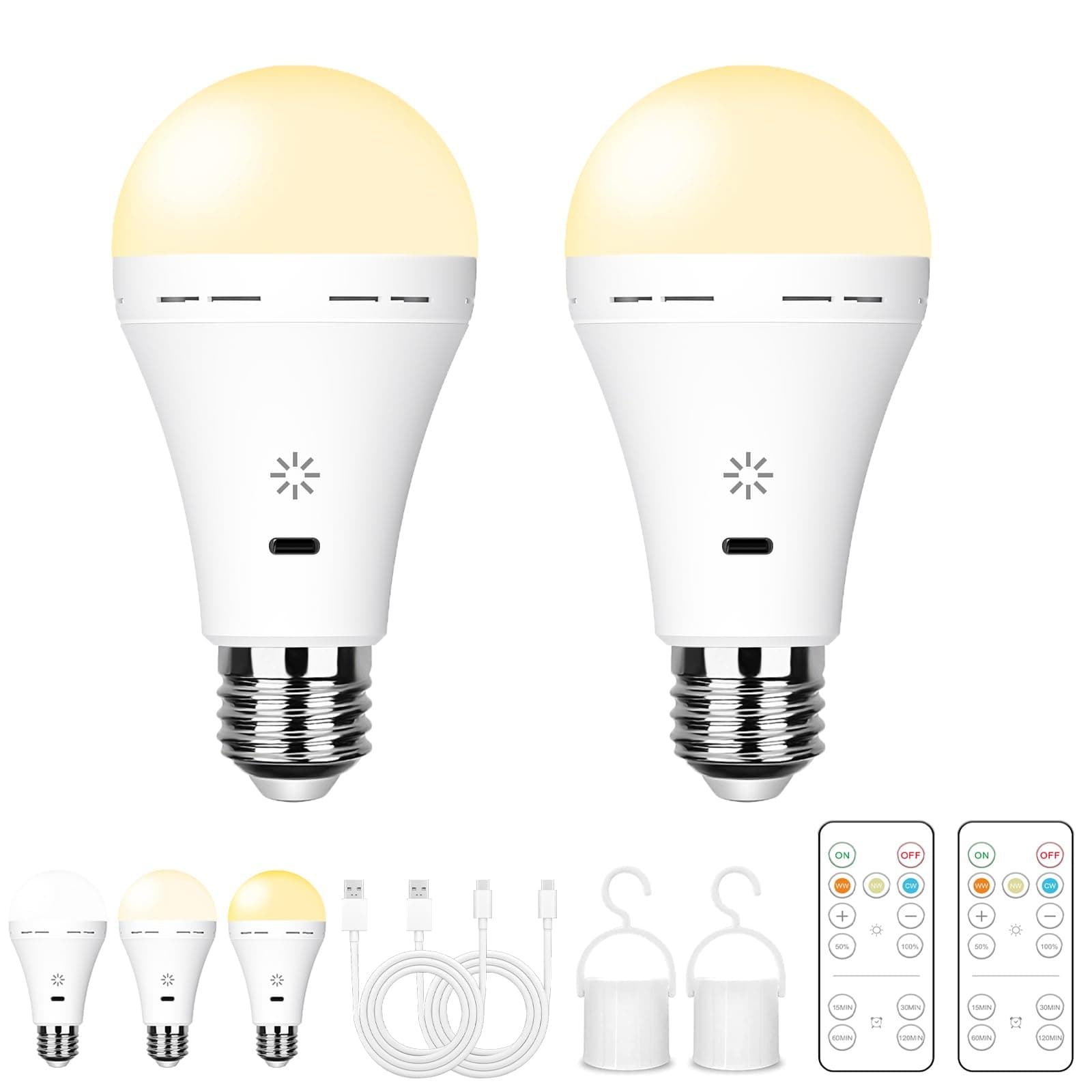 USB Rechargeable Light Bulb With Remote Control, 3 Color Temperatures Adjustable Brightness, E27 LED Dimmable Battery Light Bulb With Hooks, 7W Touch Control Light Bulb With Timing Function, 2600mAh,2