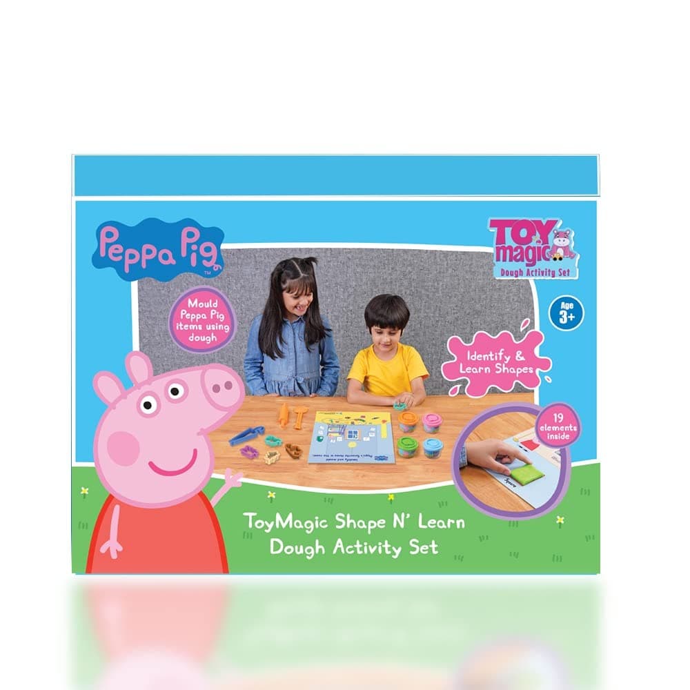 ToyMagic Peppa Pig Dough Shape & Learn Activity Set With Moulding Lid & 4Tubs 50gm Each|Roleplay Set With 6Shape Cutters & 1Template|Water based Soft Dough|Non-Toxic|Gift Set for Kids 3+|Made In India