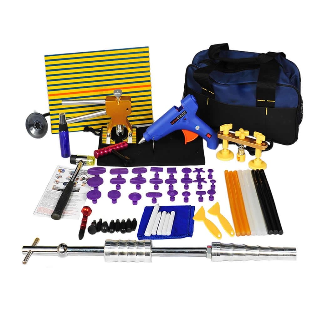 SHITONGDA 62Pcs Dent Removal Kit Car Dent Puller Auto Paintless Repair Tool Tap Down Slide Hammer Glue Gun Stick Pro Pulling Tabs Kit Line Board With Tool Bag For Car Hail Damage Remover