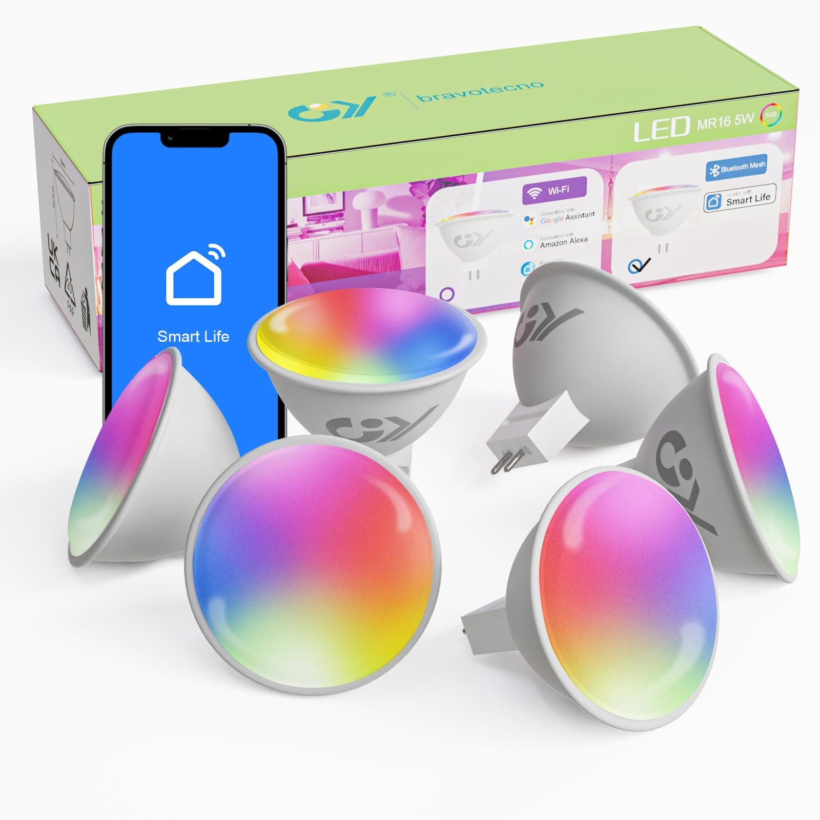 GY Bluetooth Smart LED Mesh GU5.3 Bulbs, Dimmable Smart Bulb, 5W – Equivalent to 40W, 380LM, RGB 2700K-6500K, Warm / Cool White, Smart Home Bulb, App Control, 6 Pieces