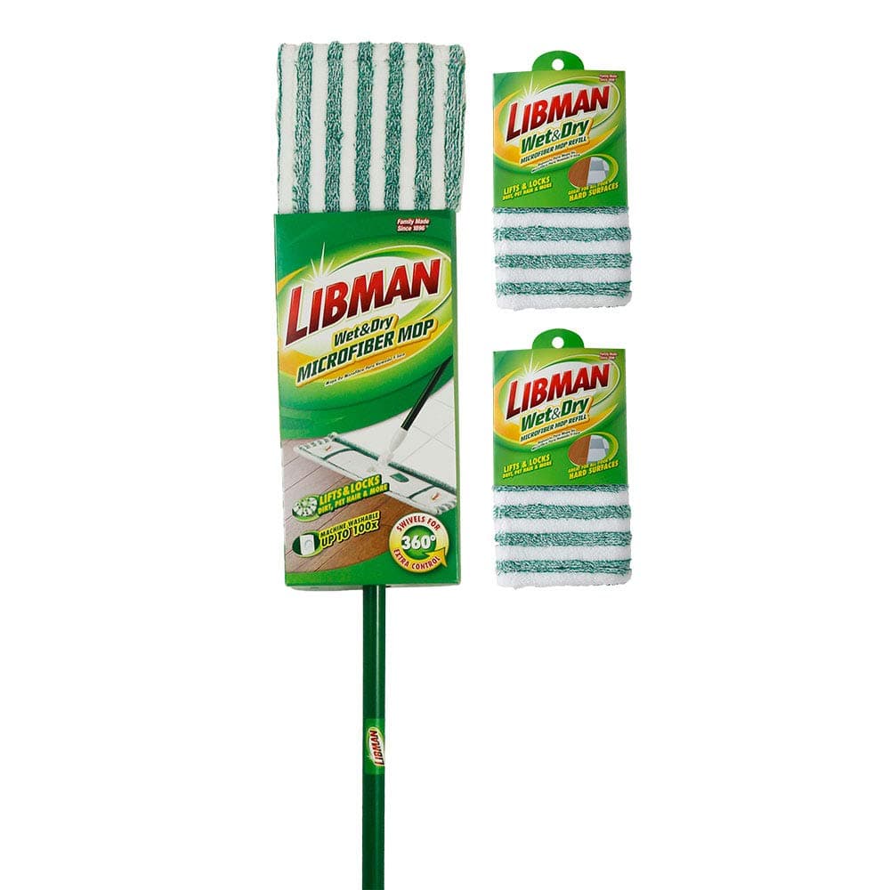 LibmanWet & Dry Microfiber Mop Kit Plus Refills | Dust Mop for Hardwood Floors | Wall Mop | Mops for Floor Cleaning | 3 Total Microfiber Mop Pads Included | 1 Handle & Base,Green/White