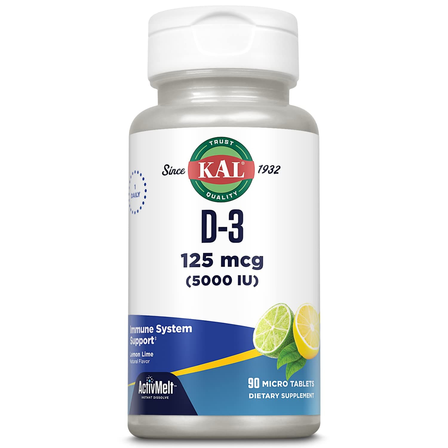 Vitamin D-3 5000 IU ActivMelt, Instant Dissolve, Natural Lemon Lime Flavor, Healthy Immune Function & Bone Support, 90 Servings, 90 Micro Tablets