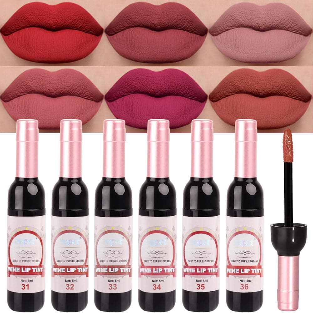 evpct Wine Bottle Lip Tint Stain 6 Colors Set Ruby Red Chestnut Nude Brown Mauve Plum Purple Matte Long Lasting 24 Hour Liquid Lipstick Set for Women labiales mate 24 horas originales labiales magicos