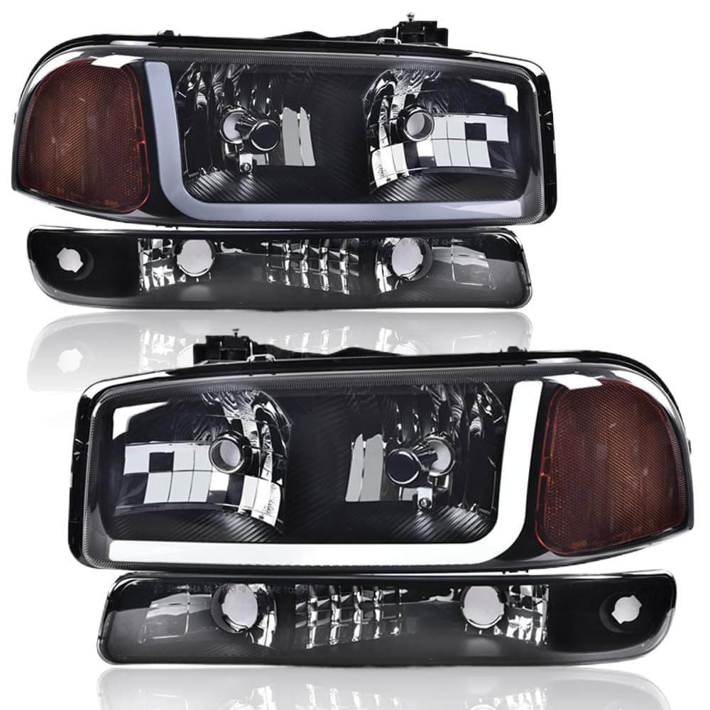 PIT66 LED Headlight Assembly, Compatible with GMC Sierra 1500 1999-2007, Fit Sierra 1500HD 2500HD 3500 2001-2007 Fit GMC Yukon XL 1999-2006, Smoke Lens Black Housing Amber Reflector